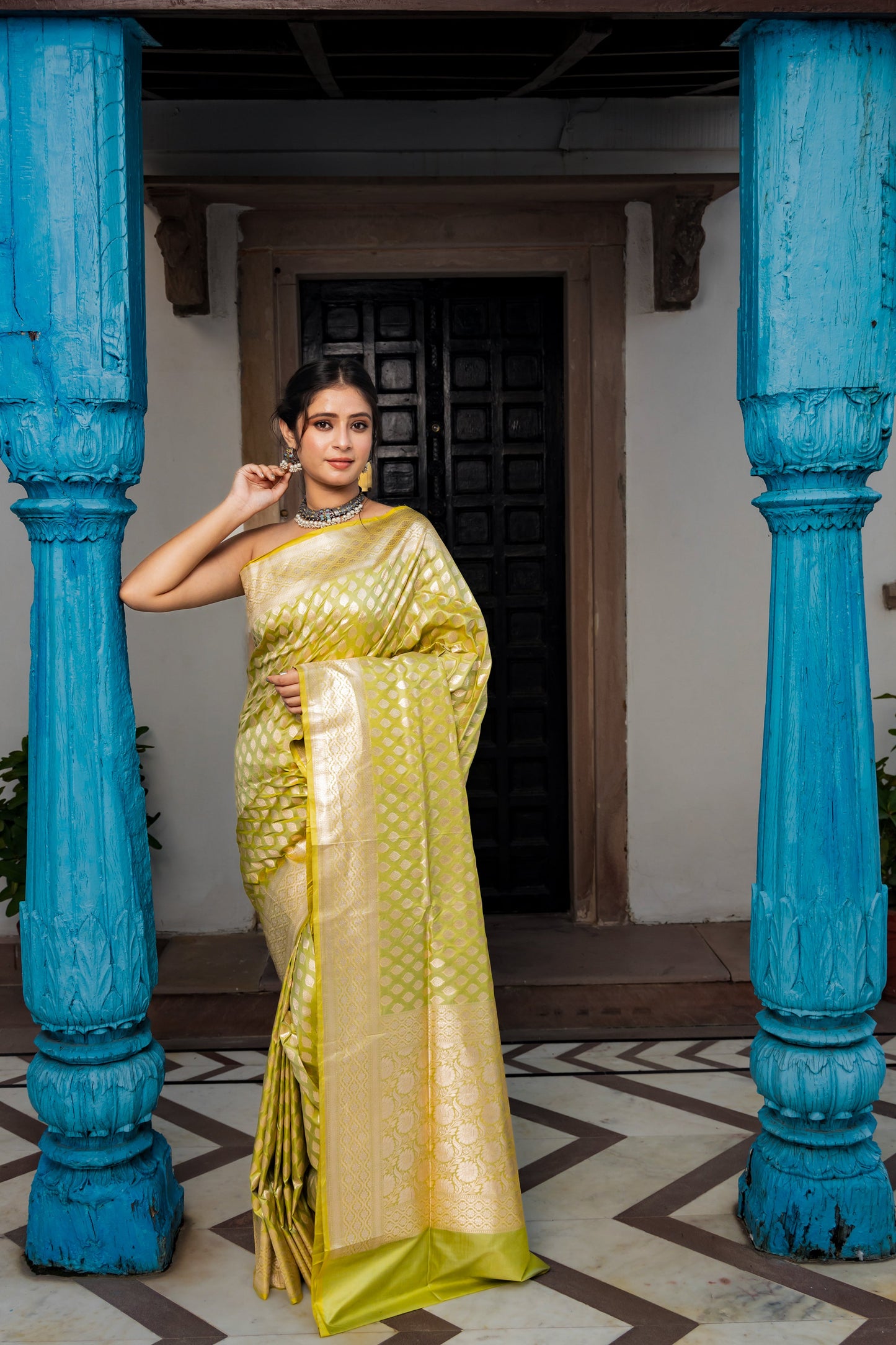 Pista Green Handwoven Cutwork Katan Silk Saree - Panaya