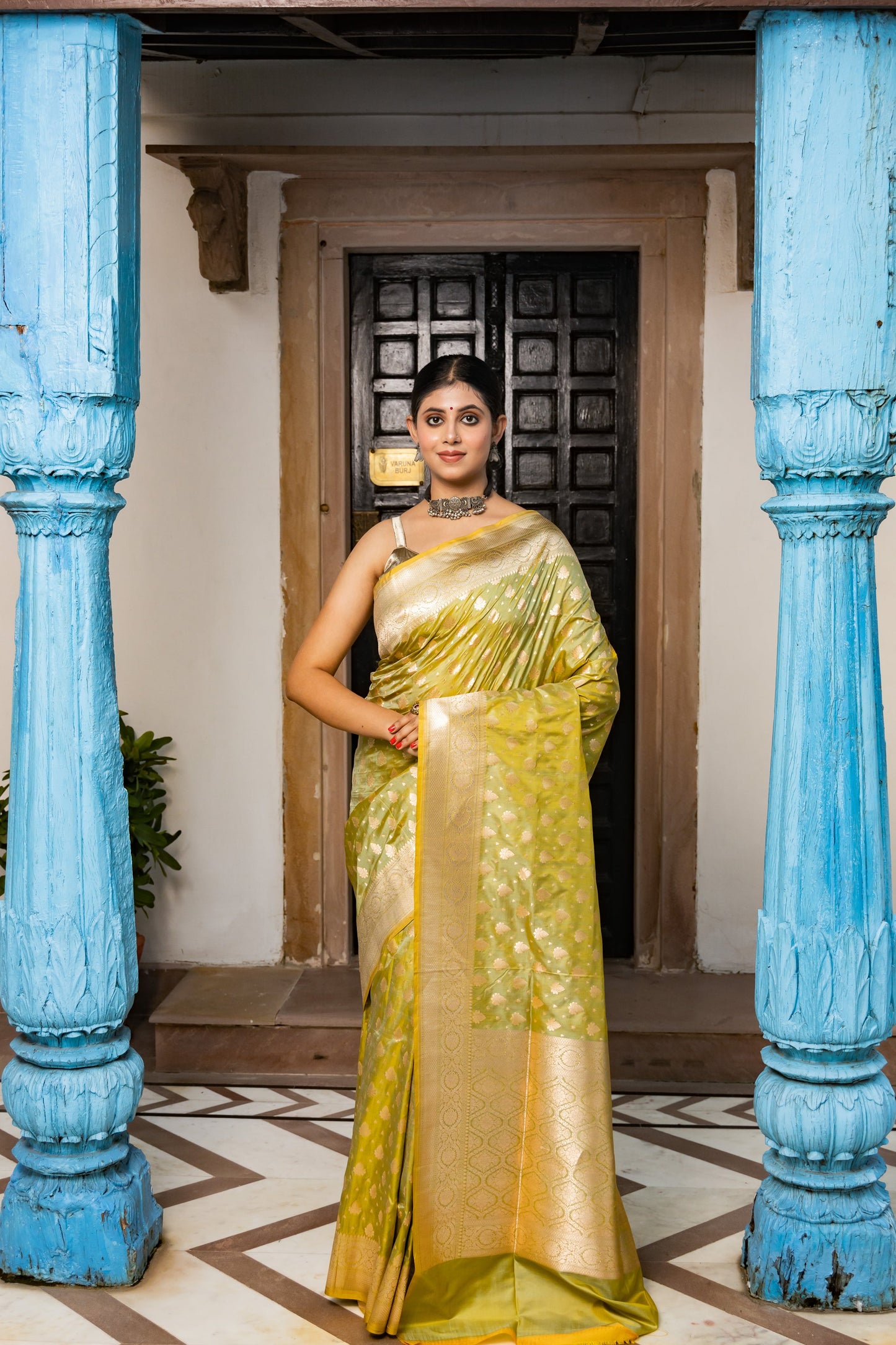 Lime Green Handwoven Cutwork Katan Silk Saree