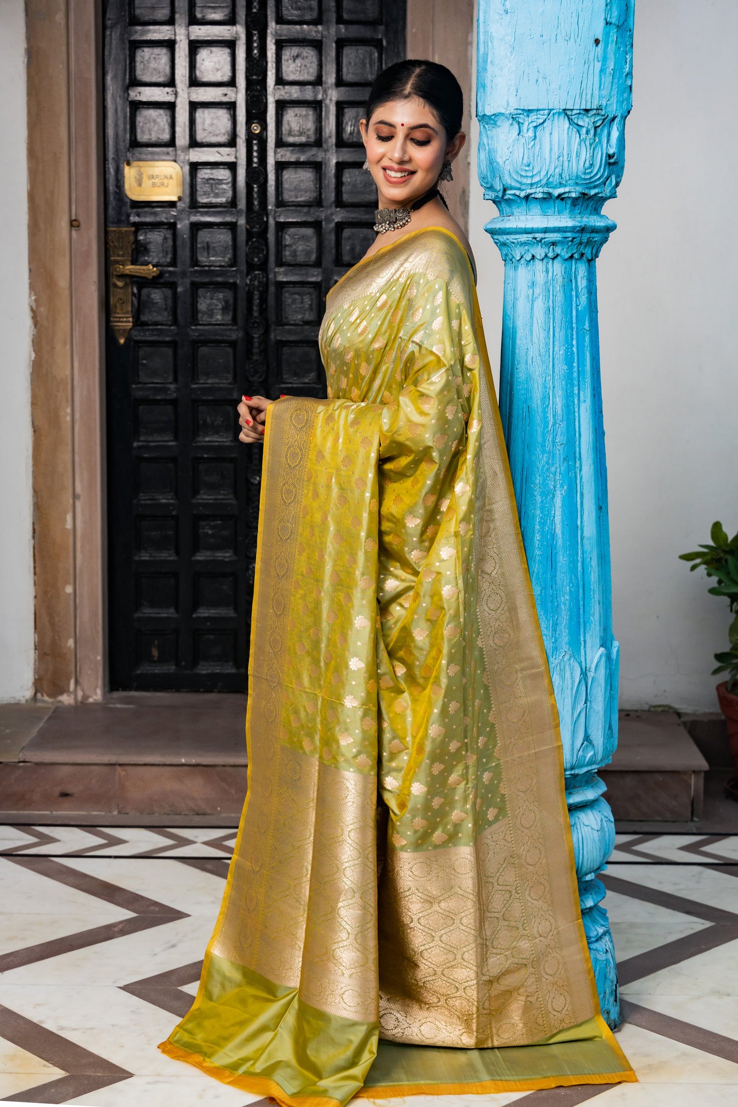 Lime Green Handwoven Cutwork Katan Silk Saree