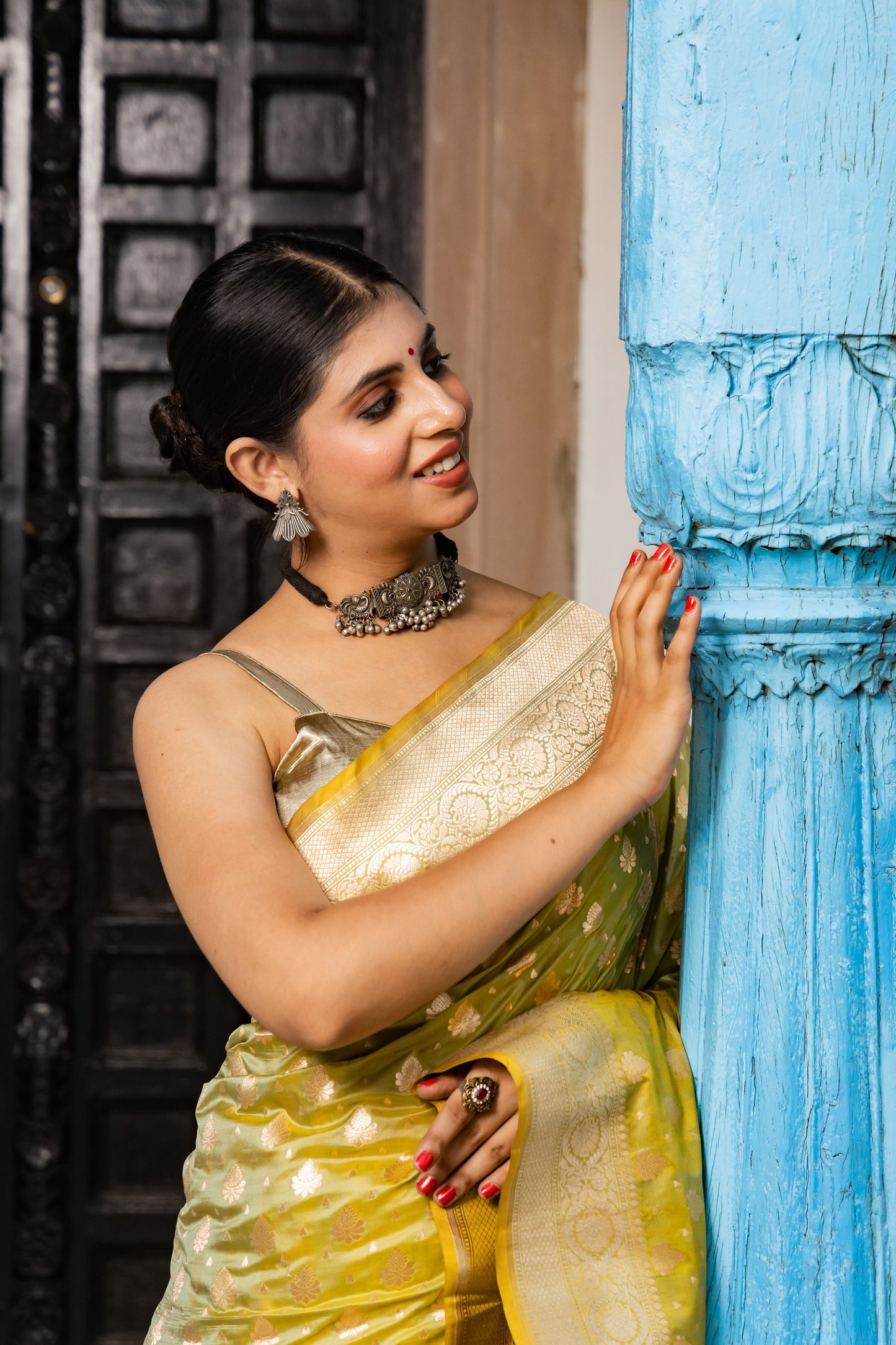 Lime Green Handwoven Cutwork Katan Silk Saree - Panaya