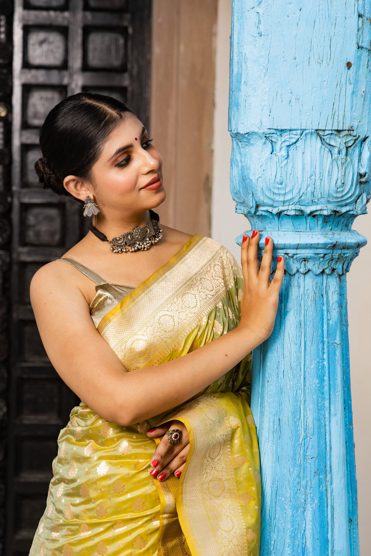 Lime Green Handwoven Cutwork Katan Silk Saree