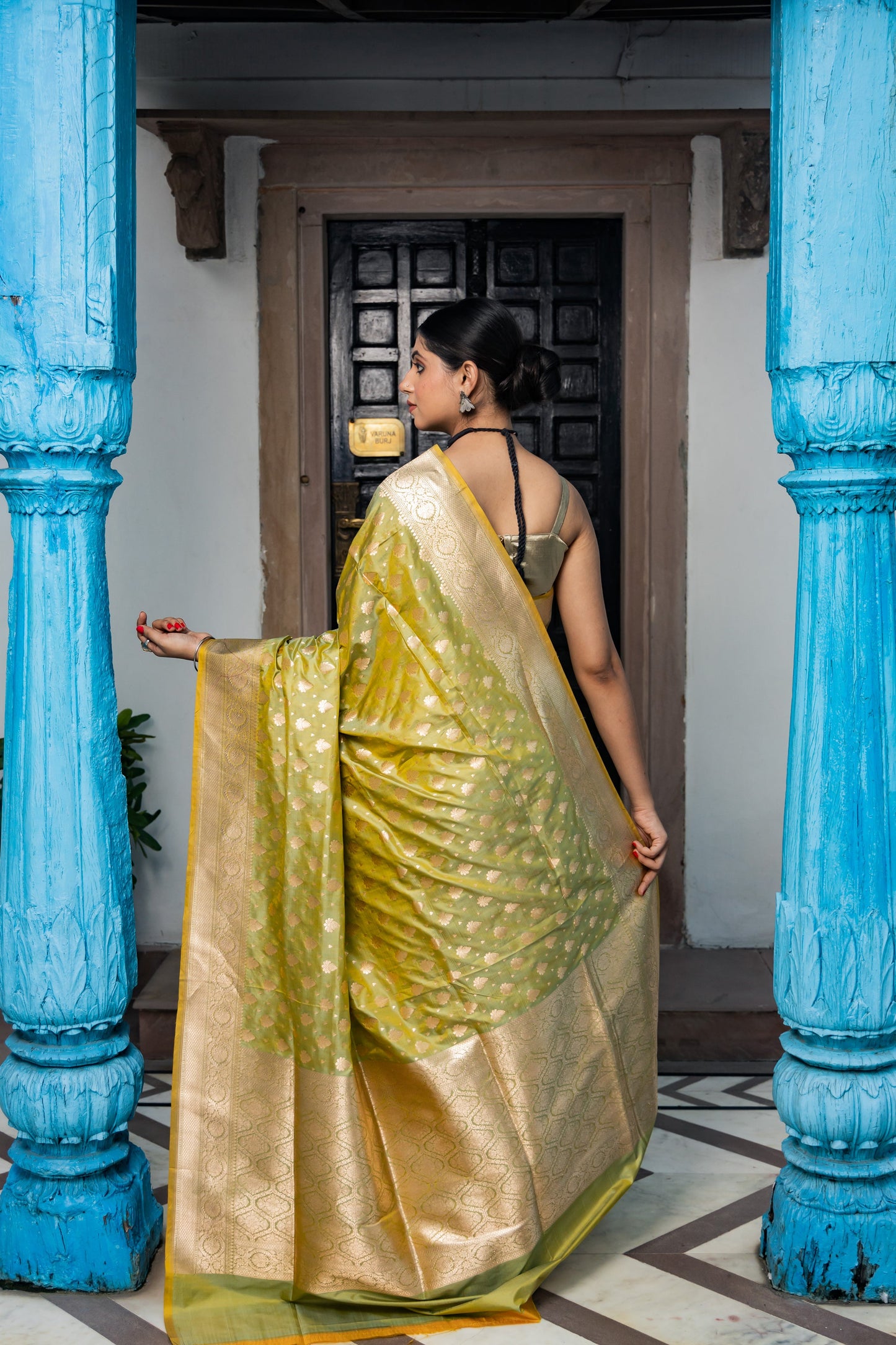 Lime Green Handwoven Cutwork Katan Silk Saree