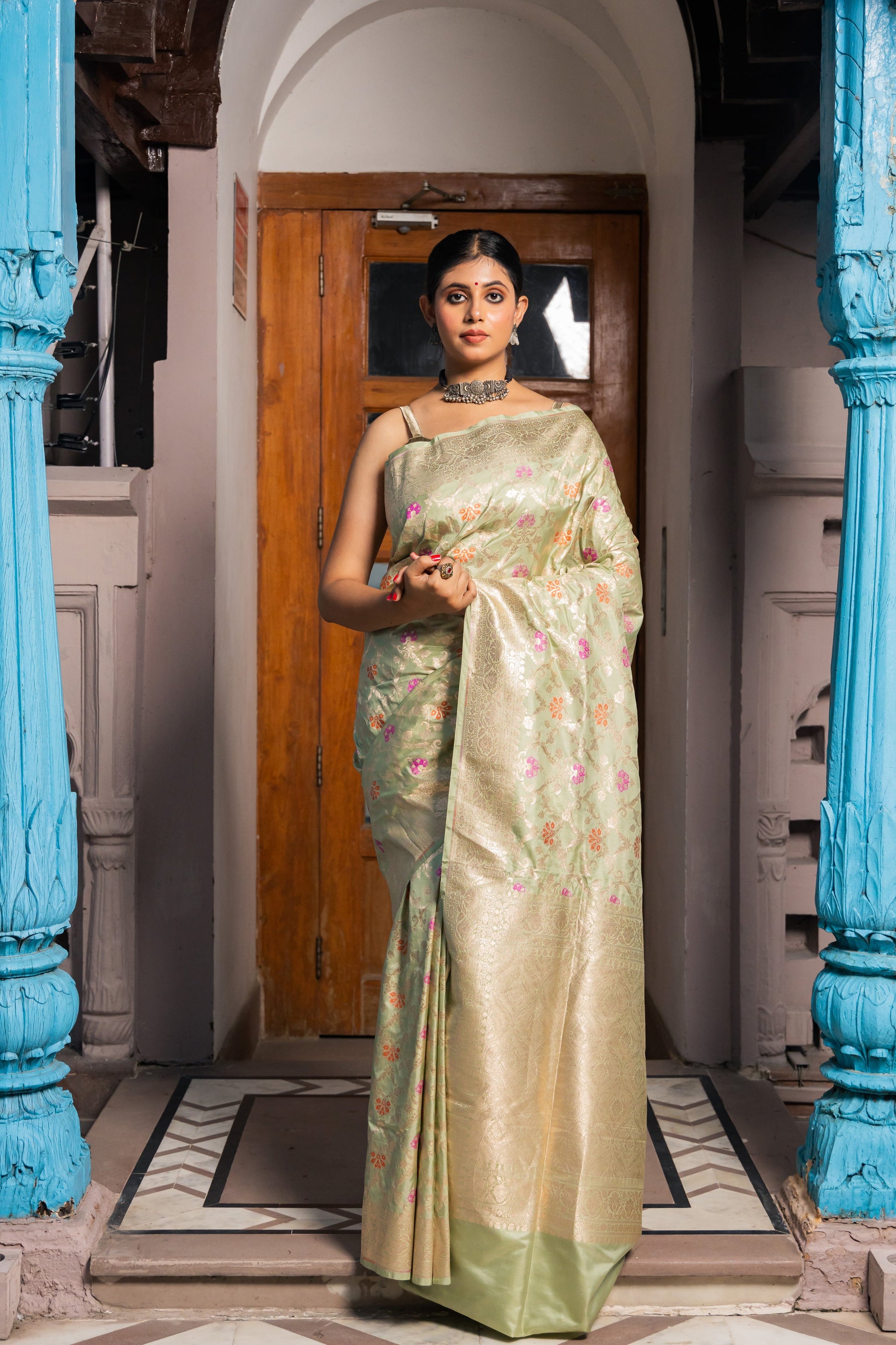 Pista Green Handwoven Cutwork Katan Silk Saree - Panaya