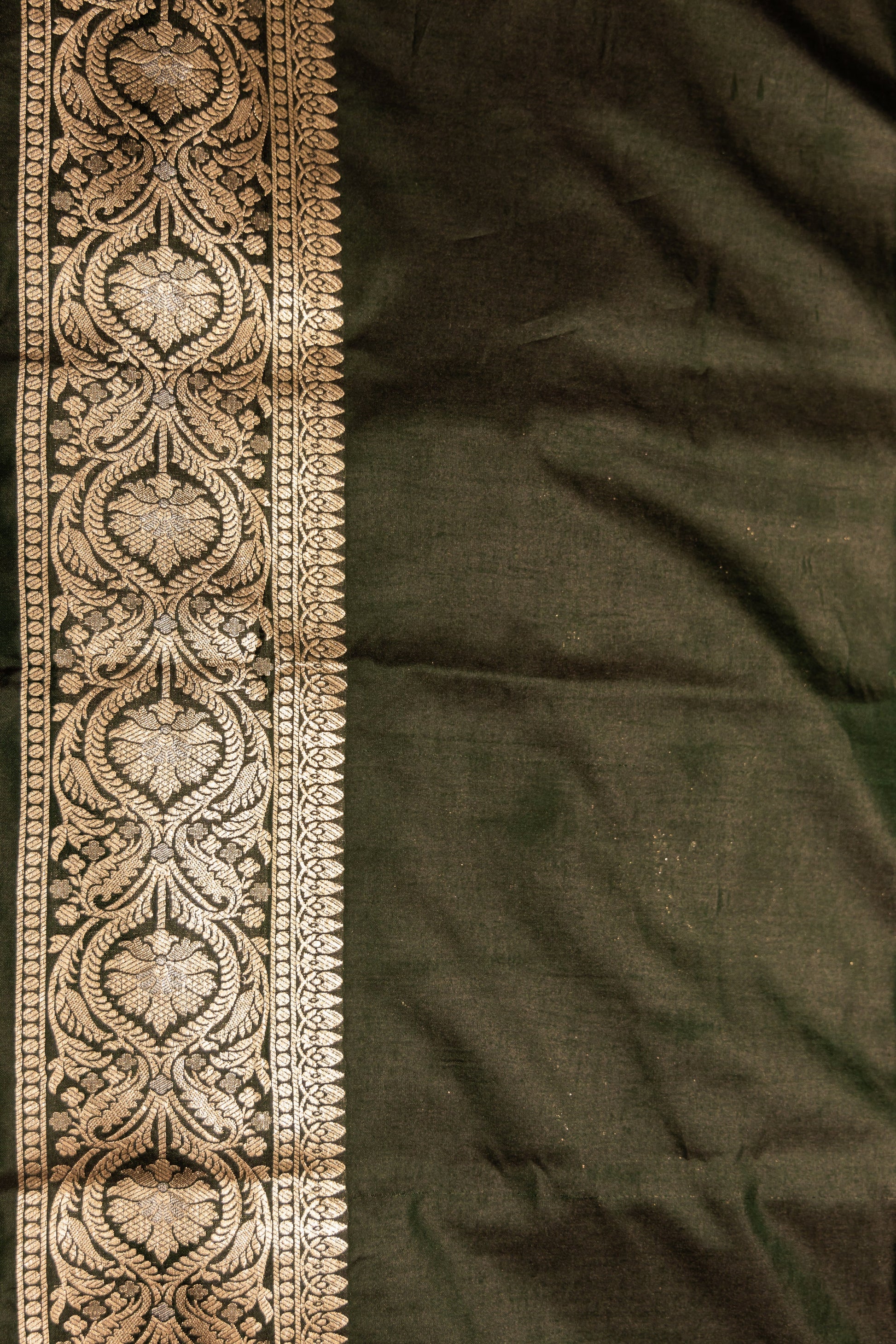 Bottle Green Handwoven Cutwork Katan Silk Saree - Panaya