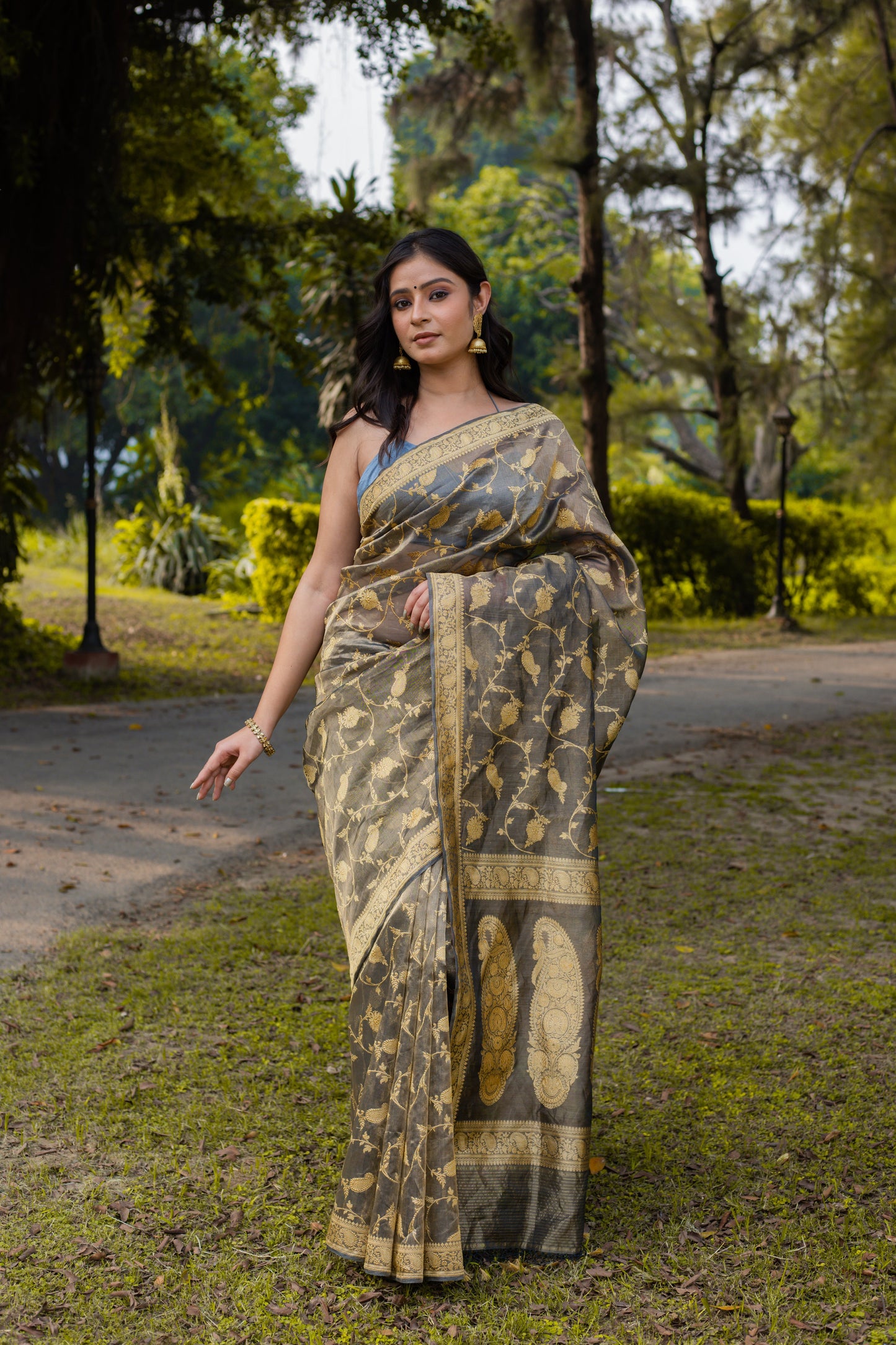 Black Grey Saree Tissue Jangla Handwoven - Panaya