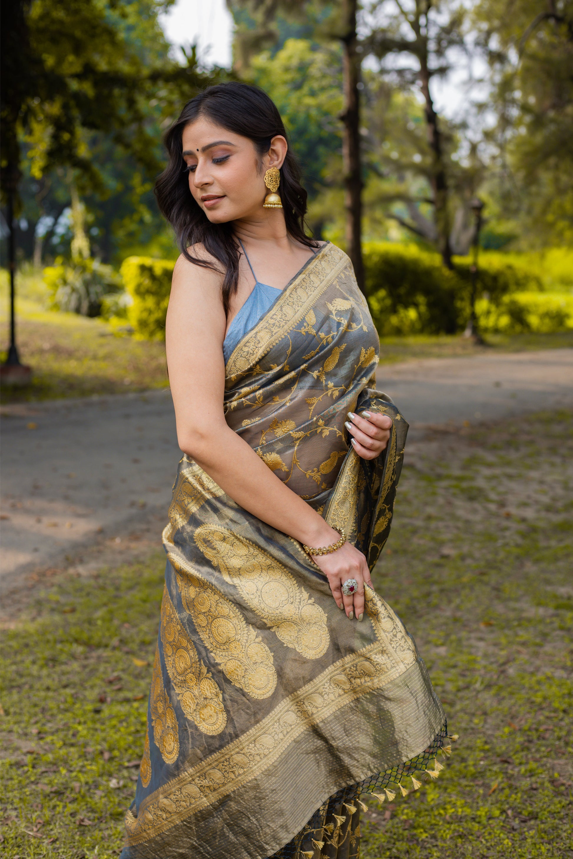 Black Grey Saree Tissue Jangla Handwoven - Panaya