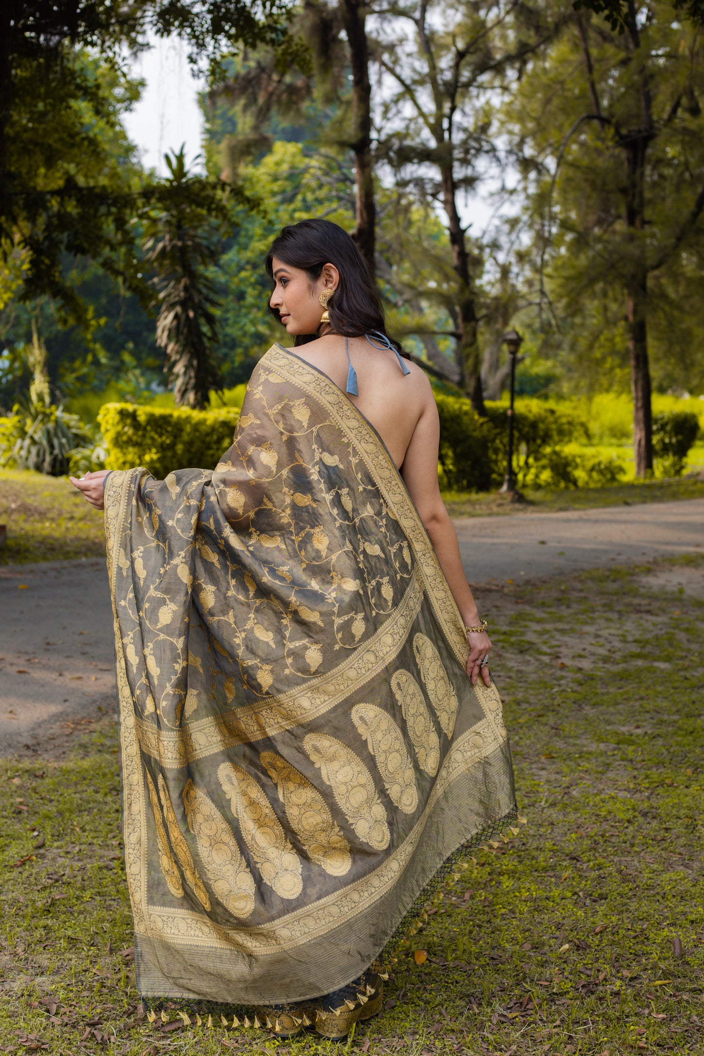 Black Grey Saree Tissue Jangla Handwoven - Panaya