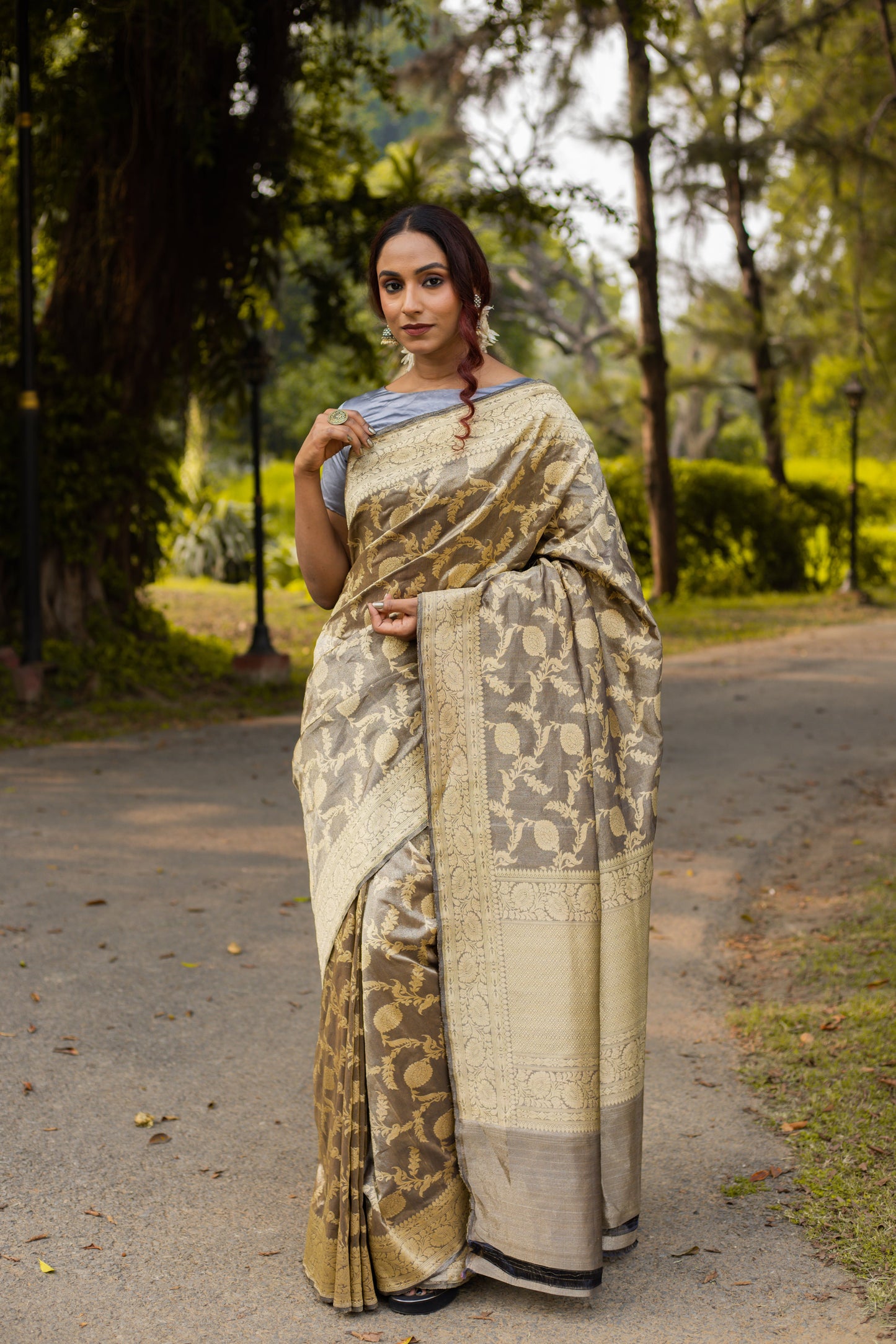 Black Grey Saree Tissue Jangla Handwoven - Panaya