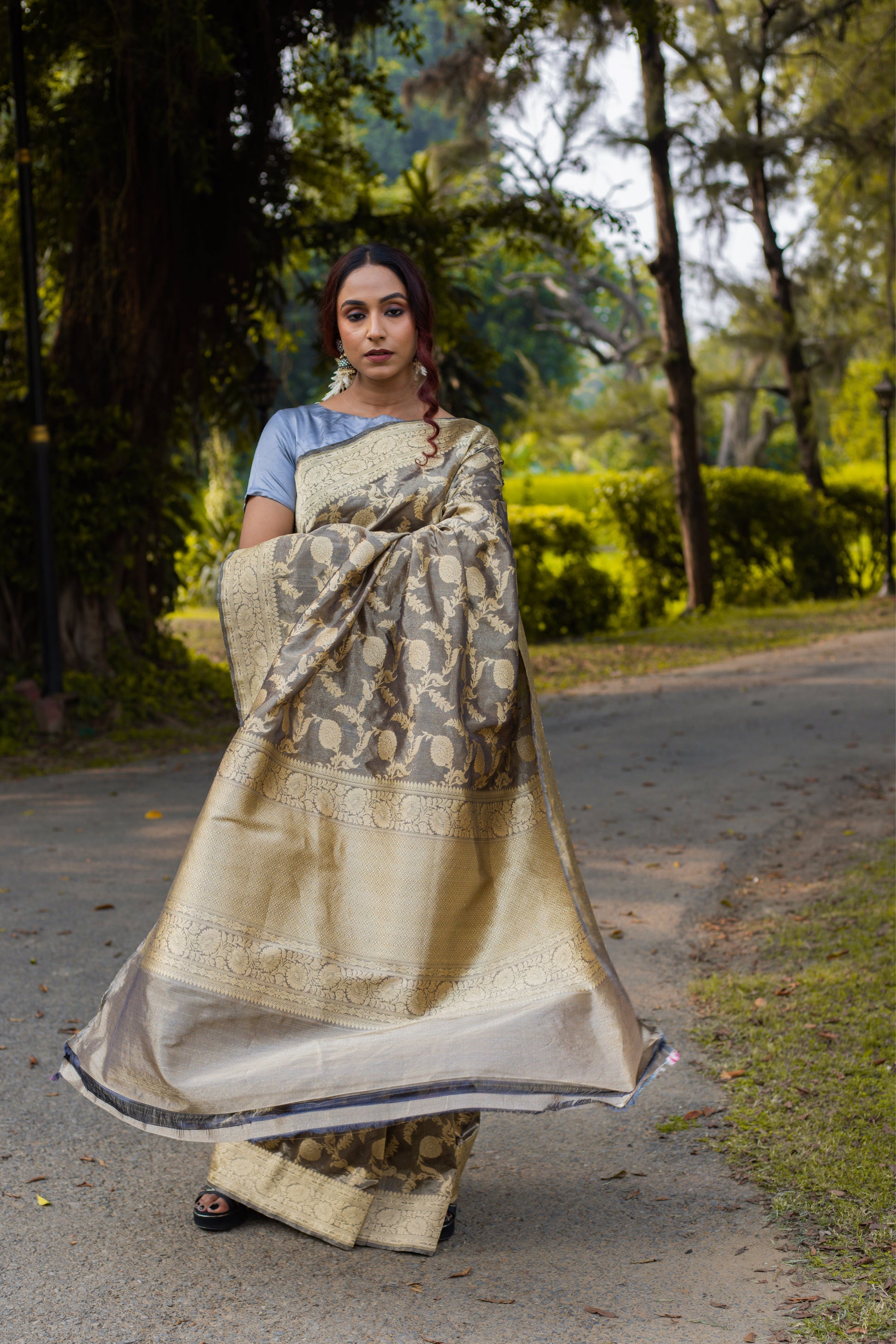 Black Grey Saree Tissue Jangla Handwoven - Panaya