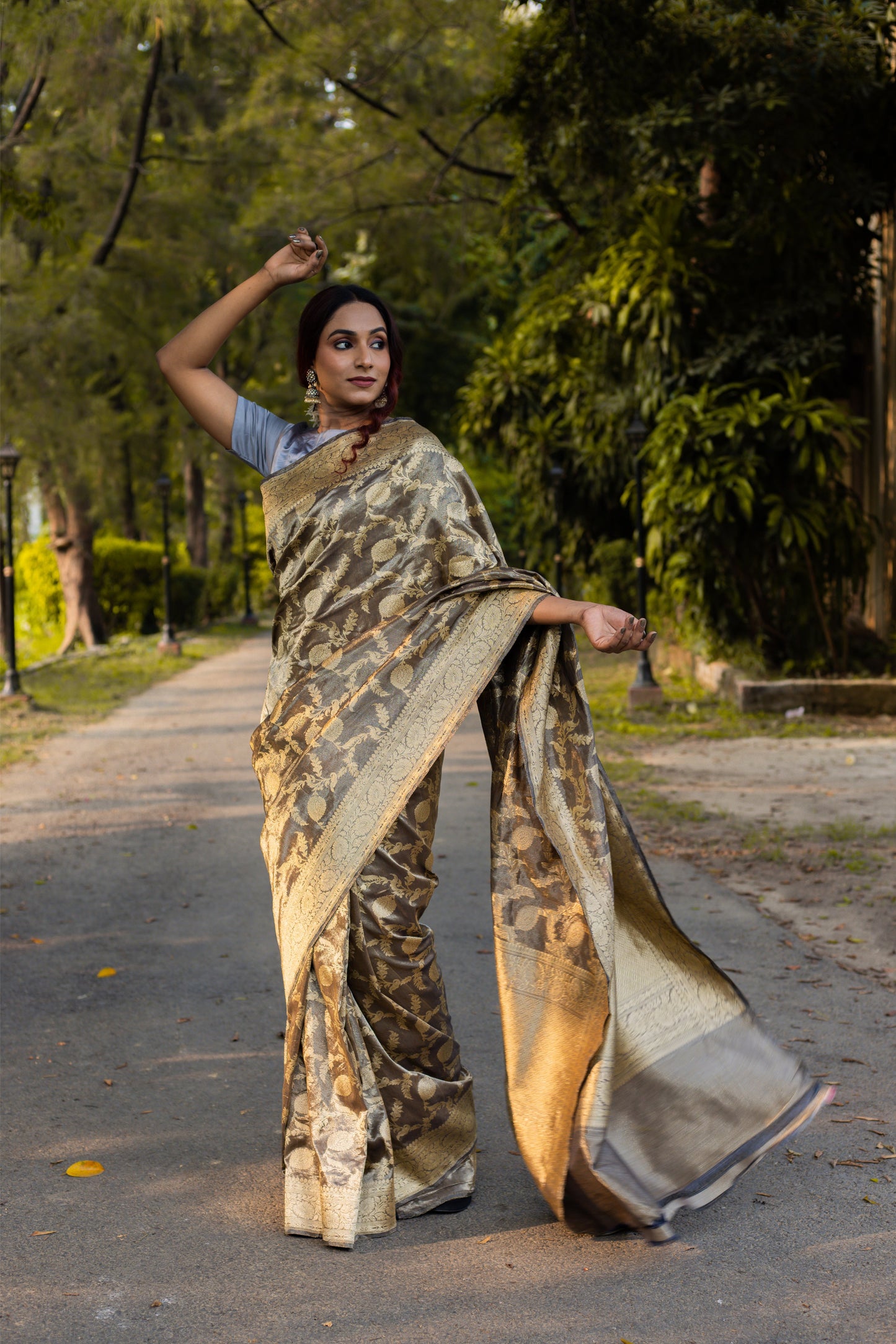 Black Grey Saree Tissue Jangla Handwoven - Panaya