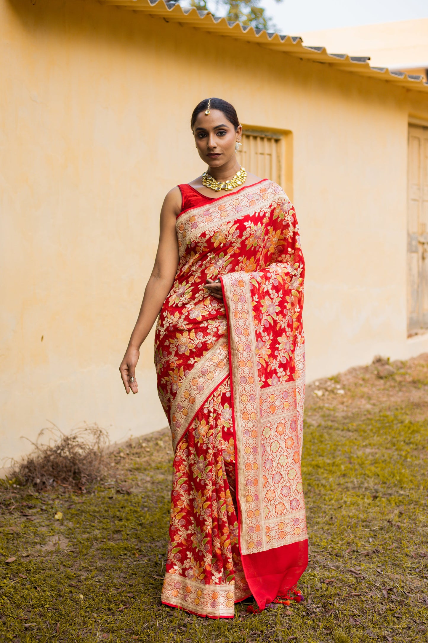 Red Saree Georgette Khaddi Silk - Panaya