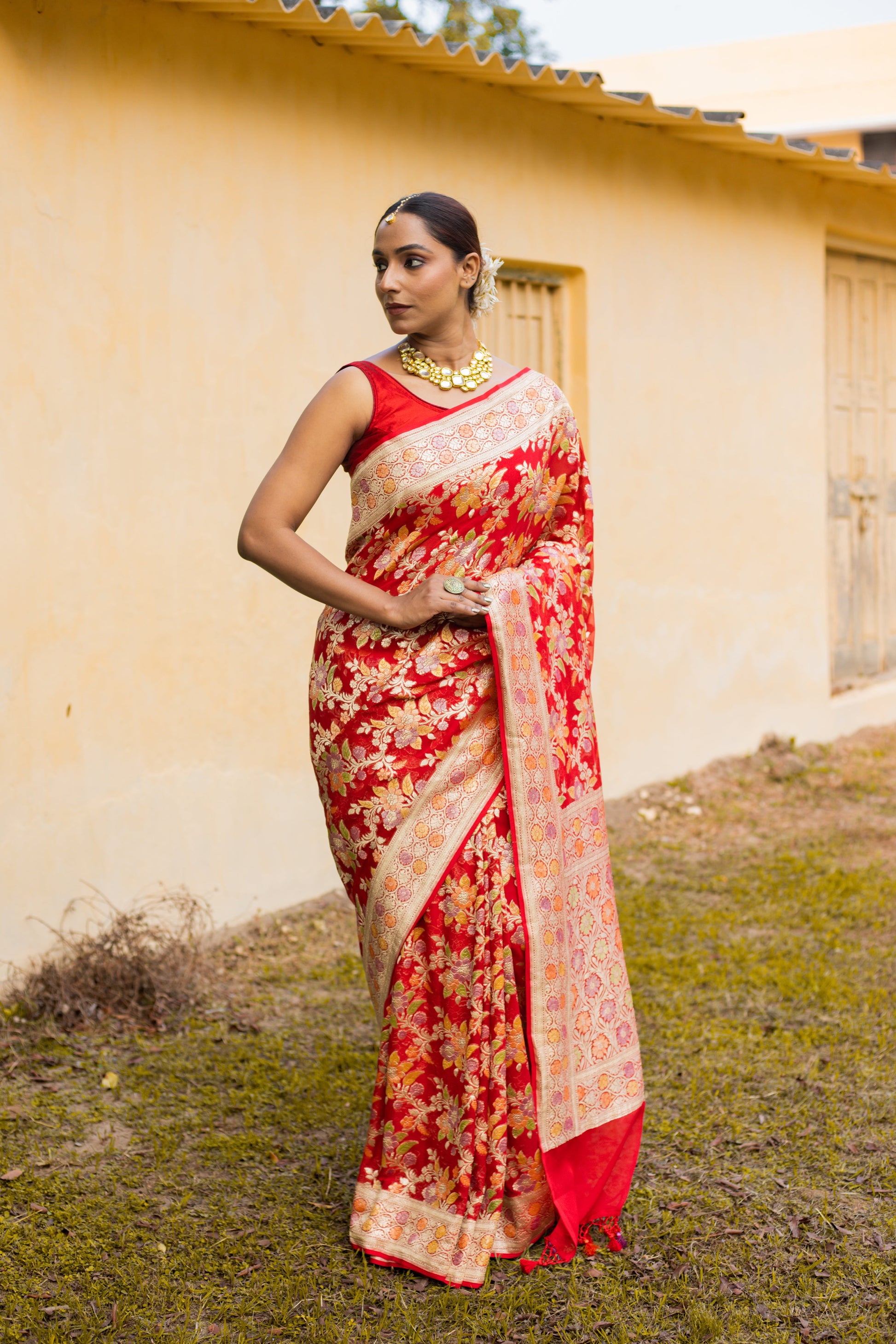 Red Saree Georgette Khaddi Silk - Panaya