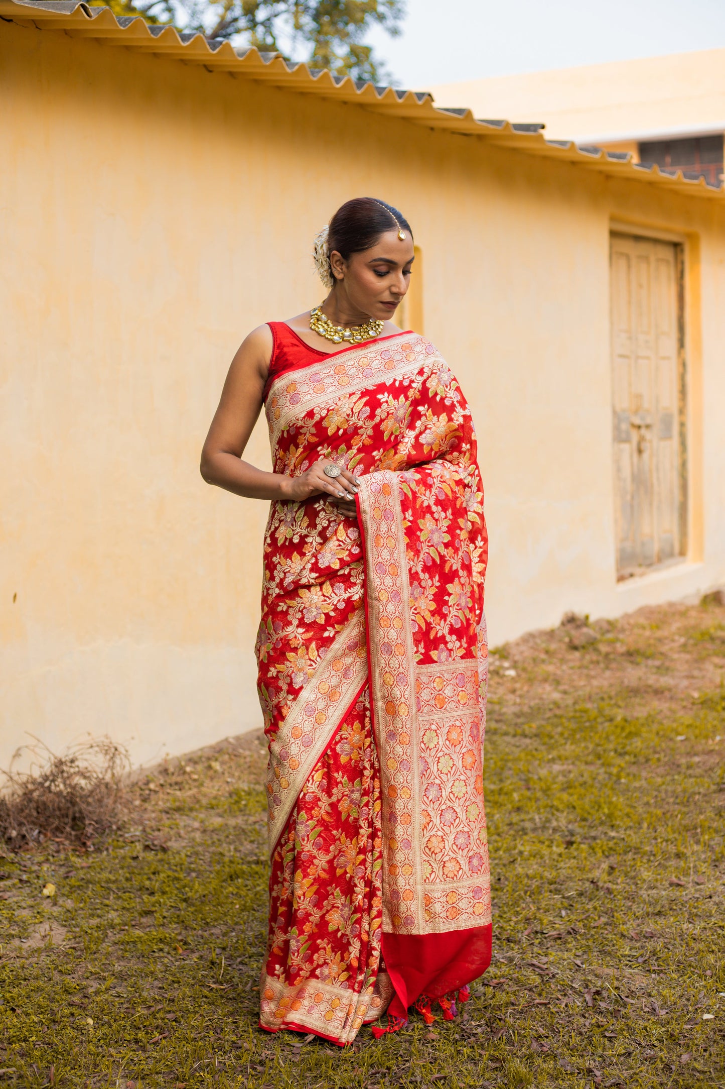 Red Saree Georgette Khaddi Silk