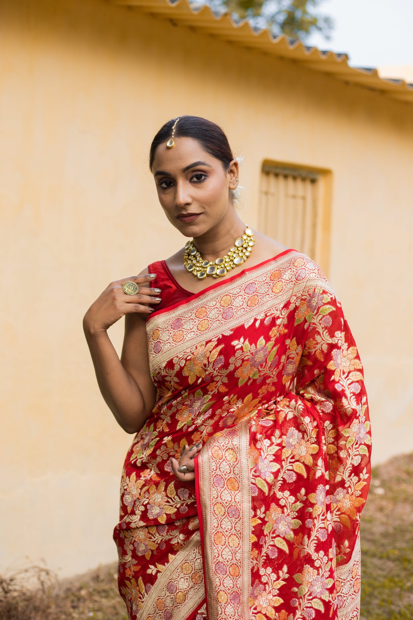 Red Saree Georgette Khaddi Silk