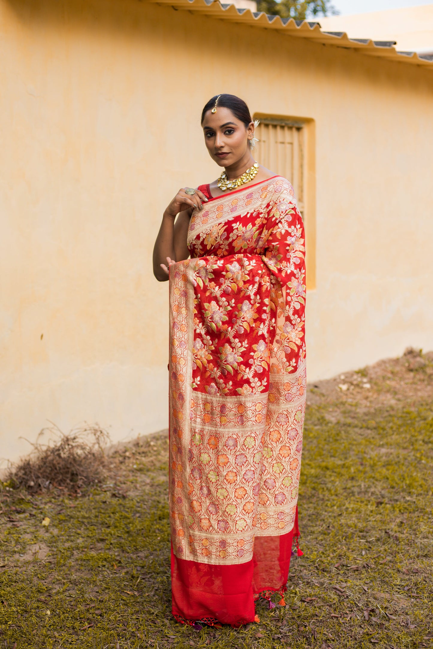 Red Saree Georgette Khaddi Silk - Panaya