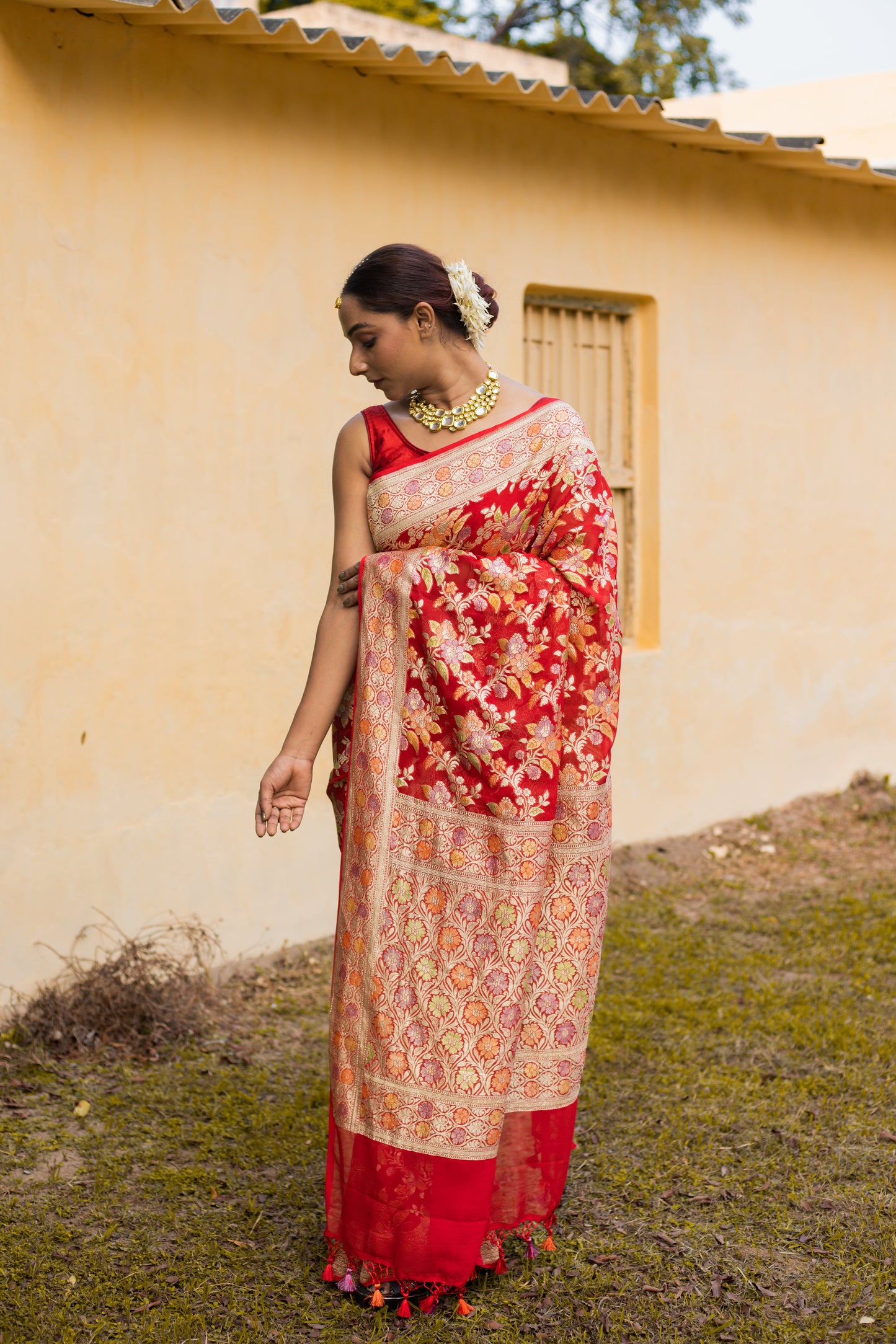 Red Saree Georgette Khaddi Silk - Panaya