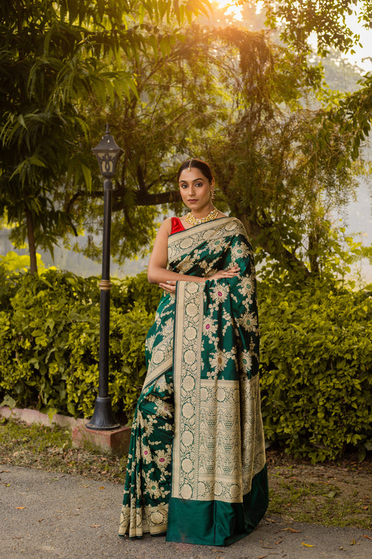 Bottle Green Saree Katan Silk Handwoven - Panaya