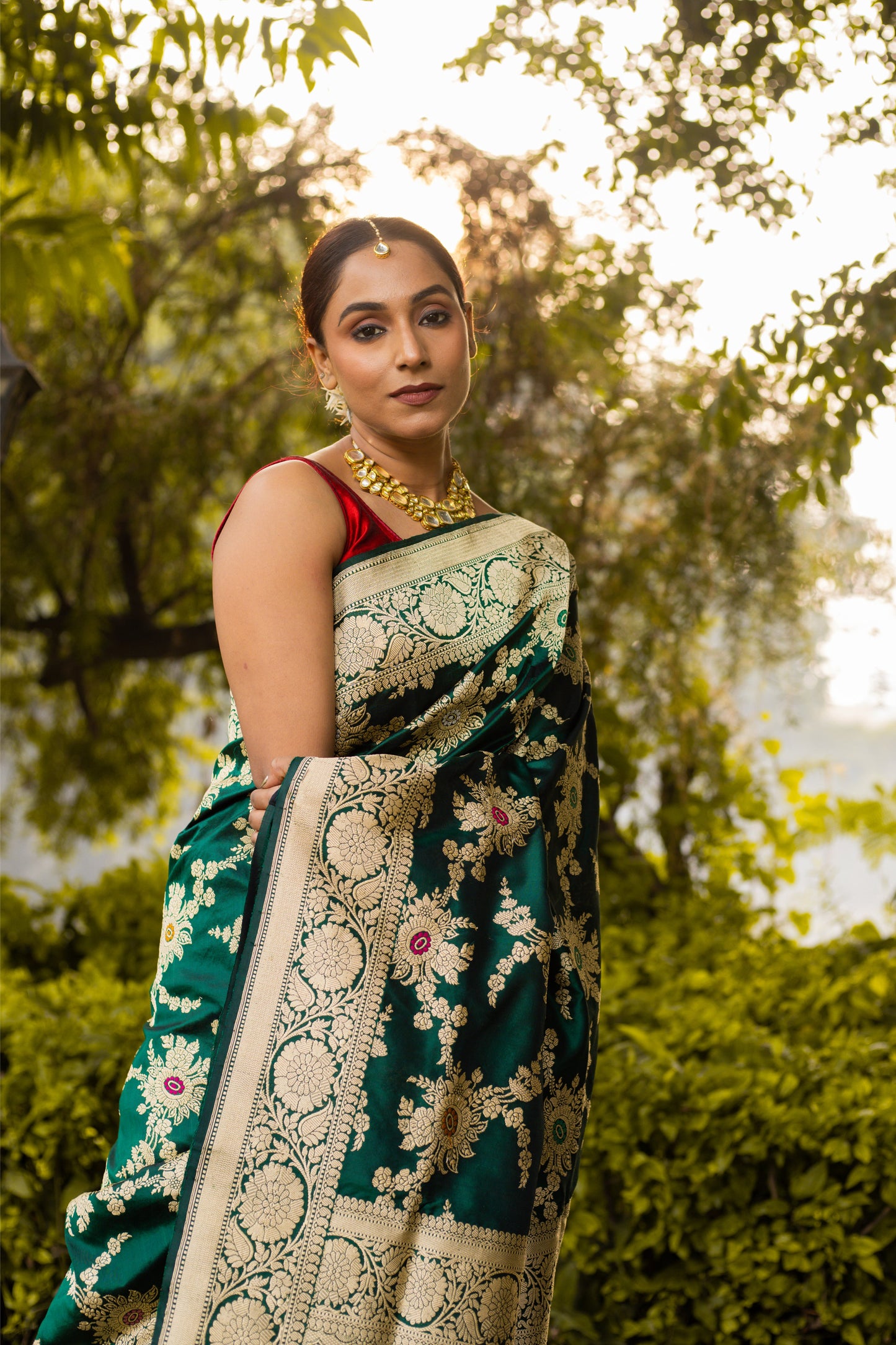 Bottle Green Saree Katan Silk Handwoven - Panaya