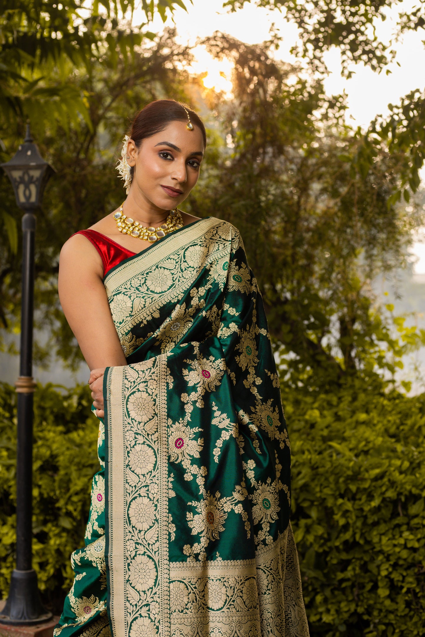 Bottle Green Saree Katan Silk Handwoven - Panaya