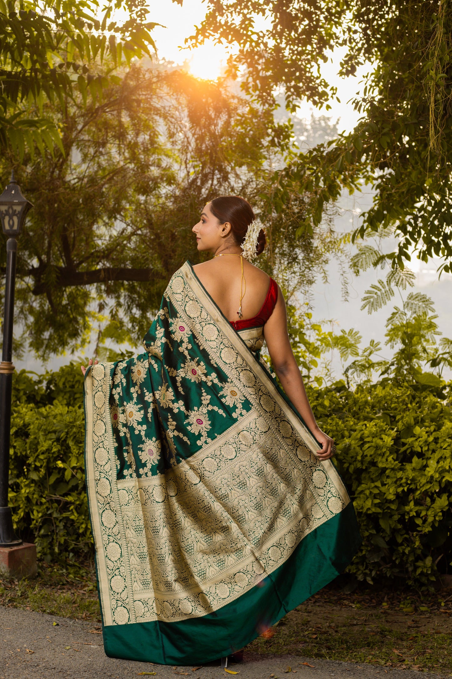 Bottle Green Saree Katan Silk Handwoven - Panaya