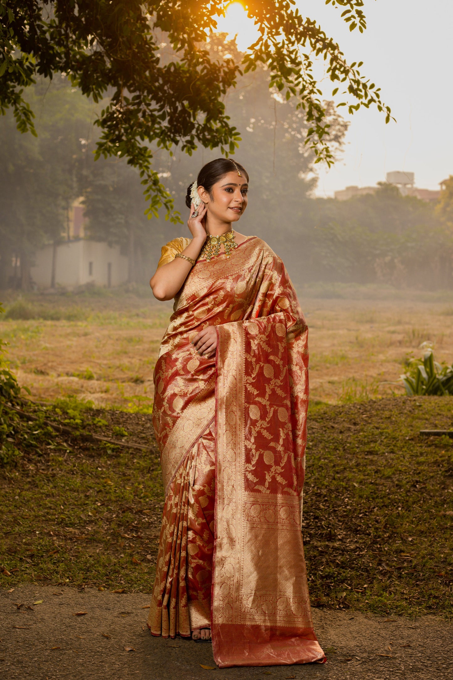 Maroon Saree Tissue Jangla Handwoven - Panaya