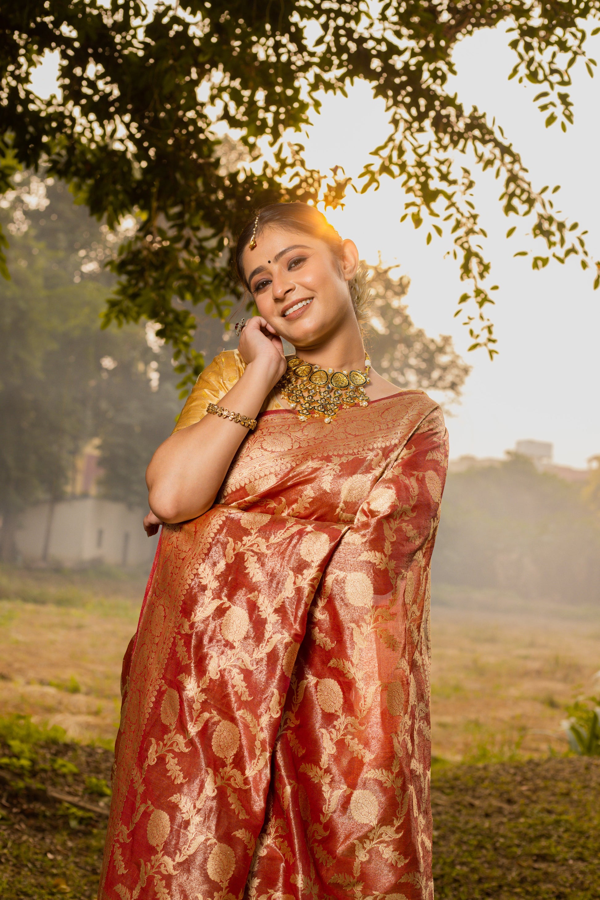 Maroon Saree Tissue Jangla Handwoven - Panaya