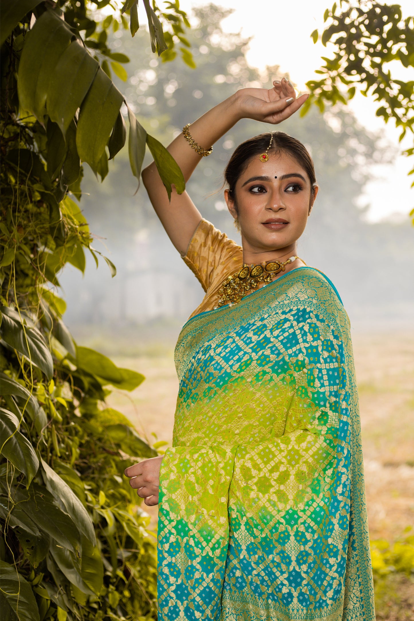 Lime Green Saree Georgette Silk Bandhani - Panaya