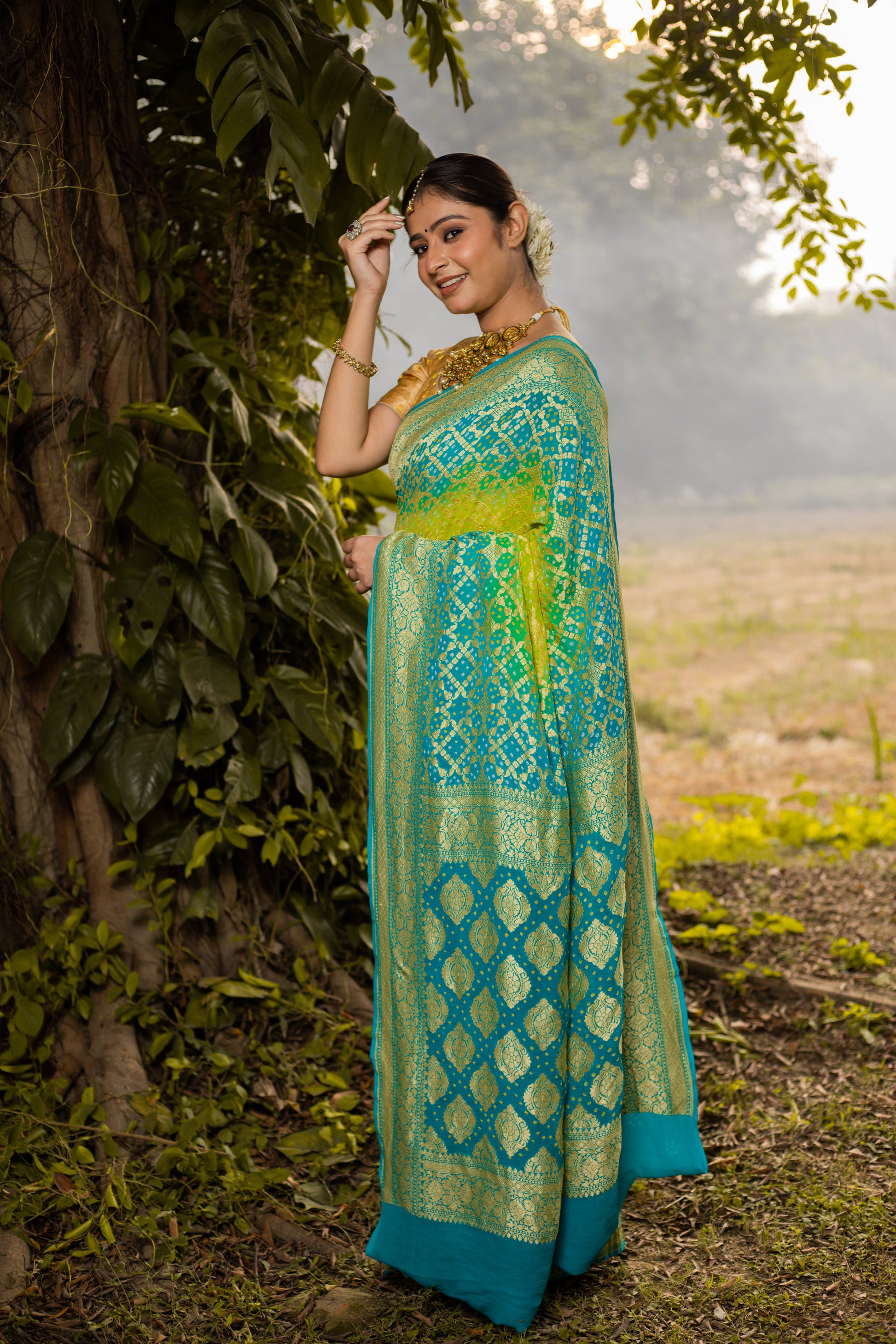 Lime Green Saree Georgette Silk Bandhani - Panaya