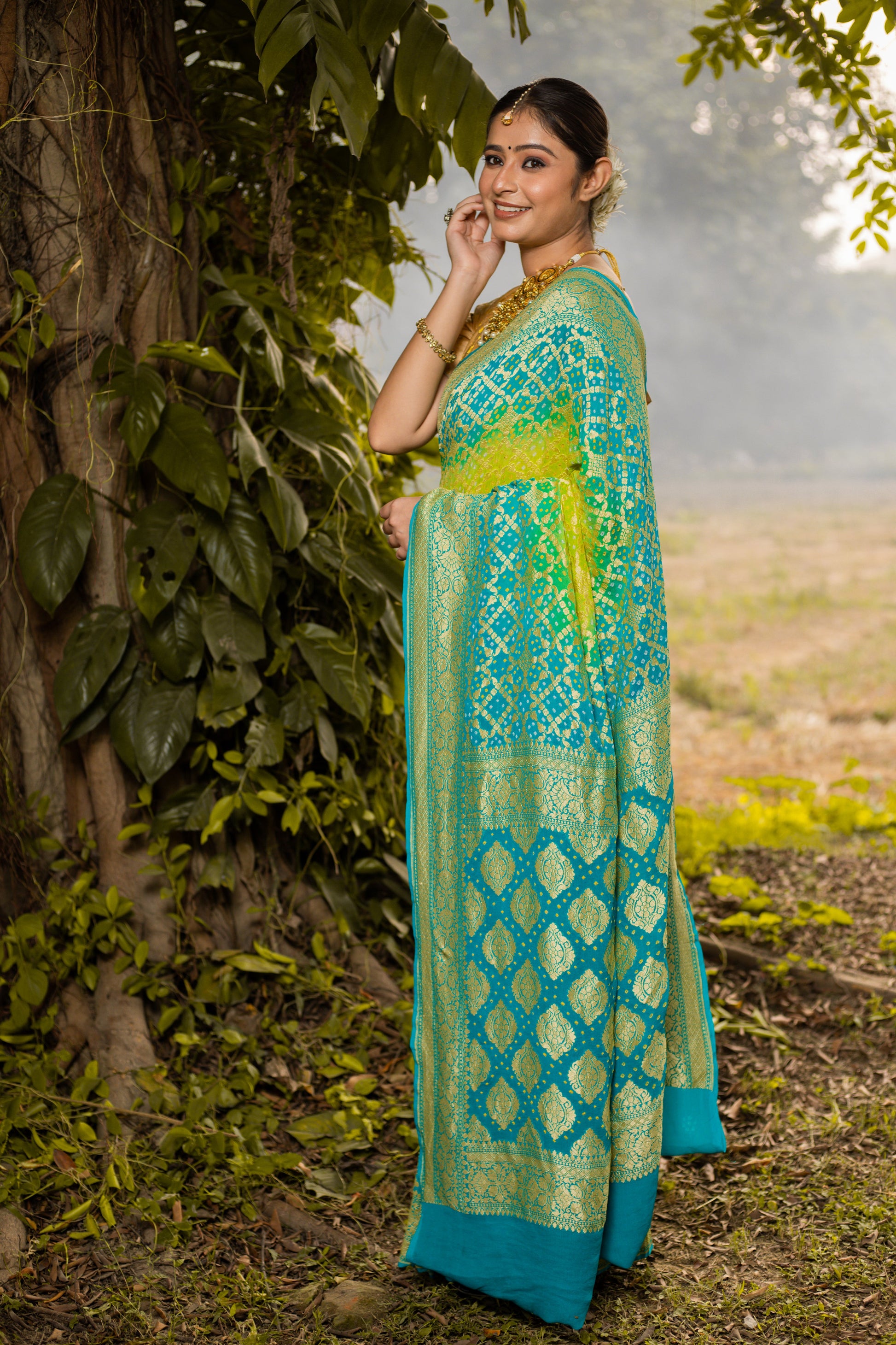 Lime Green Saree Georgette Silk Bandhani - Panaya