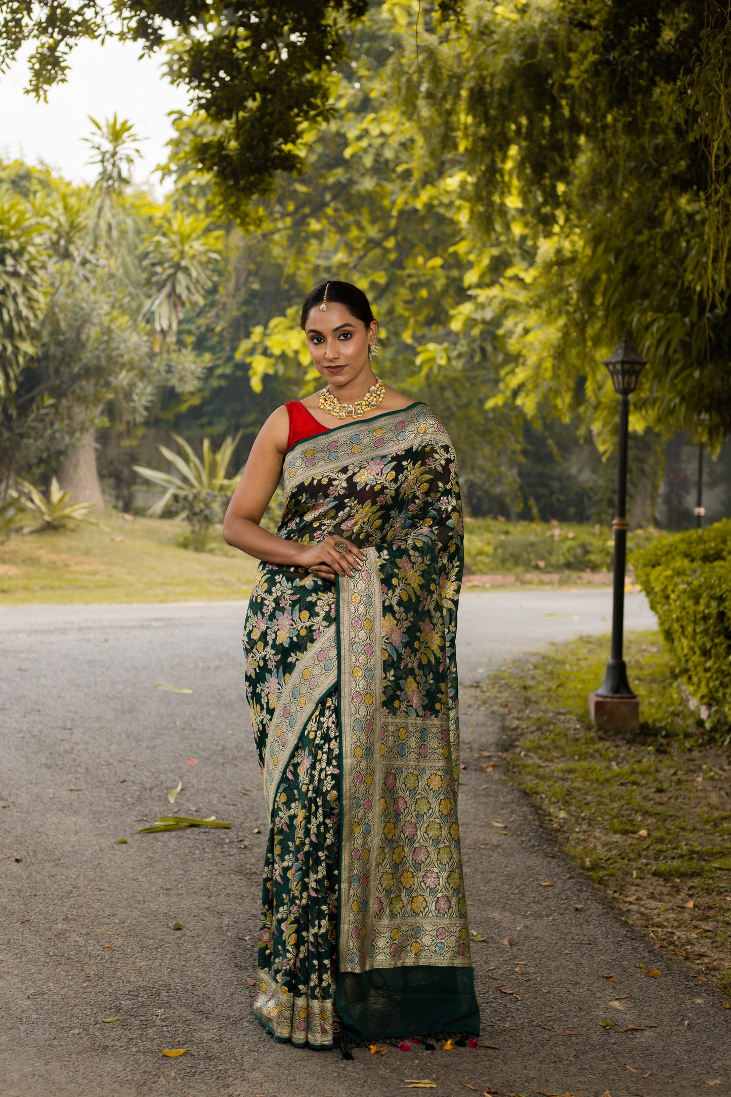 Bottle Green Saree Georgette Khaddi Silk - Panaya