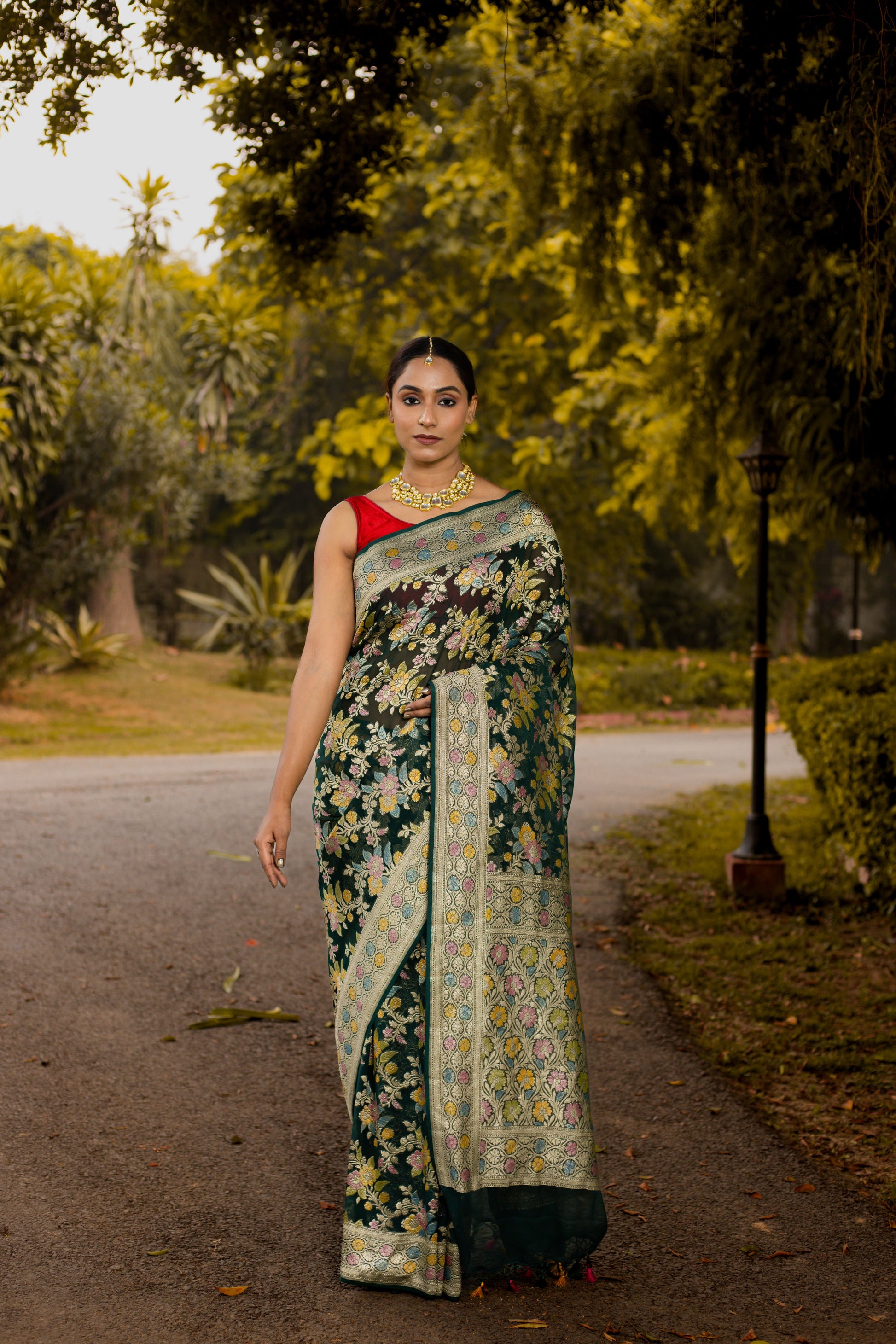 Bottle Green Saree Georgette Khaddi Silk - Panaya