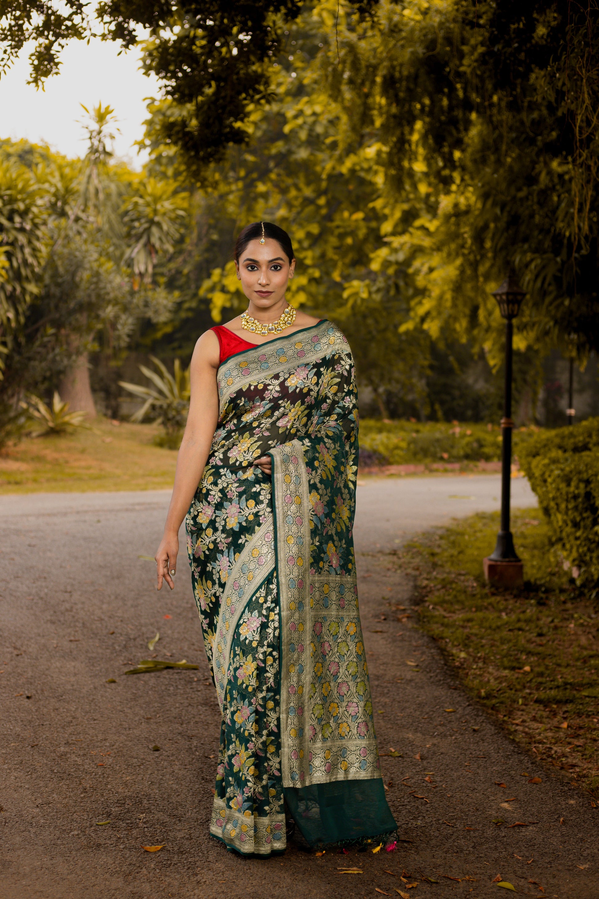 Bottle Green Saree Georgette Khaddi Silk - Panaya