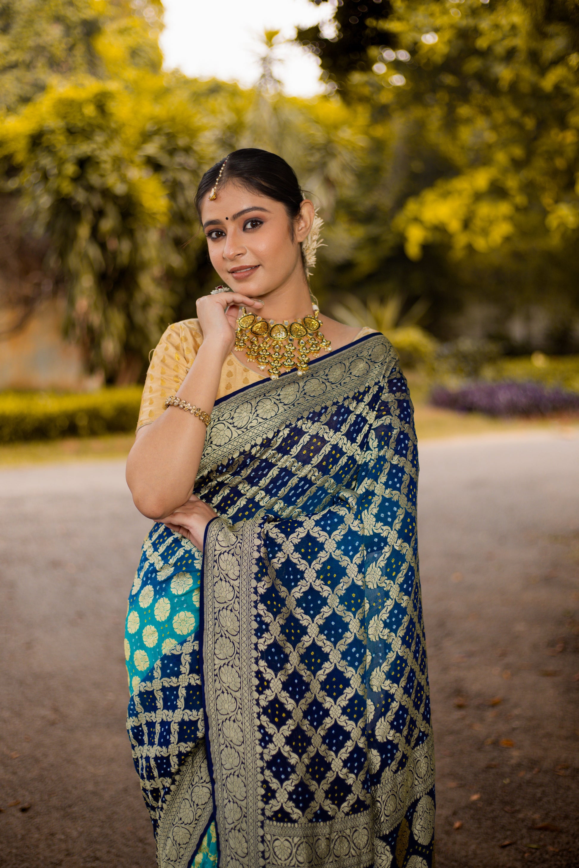 Blue Saree Georgette Silk Bandhani - Panaya