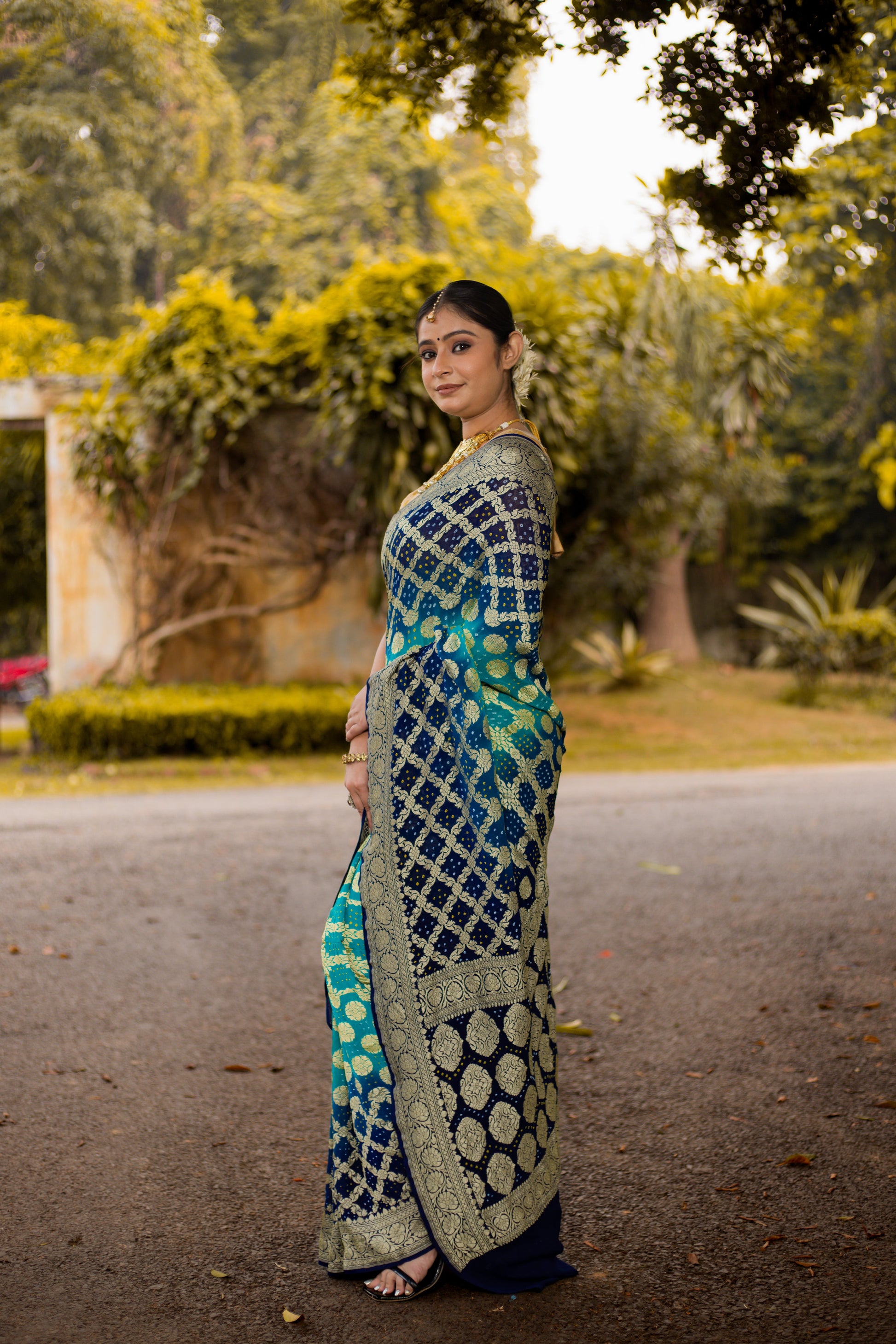 Blue Saree Georgette Silk Bandhani - Panaya