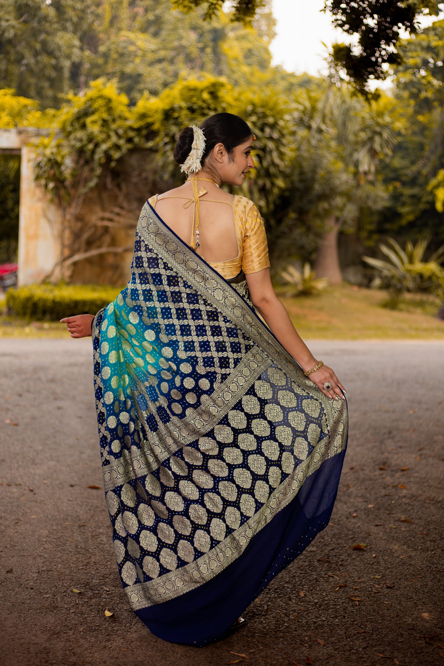 Blue Saree Georgette Silk Bandhani - Panaya