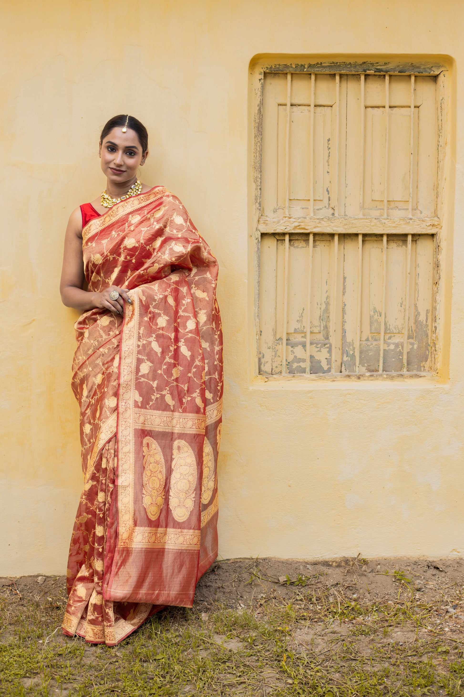 Maroon Saree Tissue Jangla Handwoven - Panaya