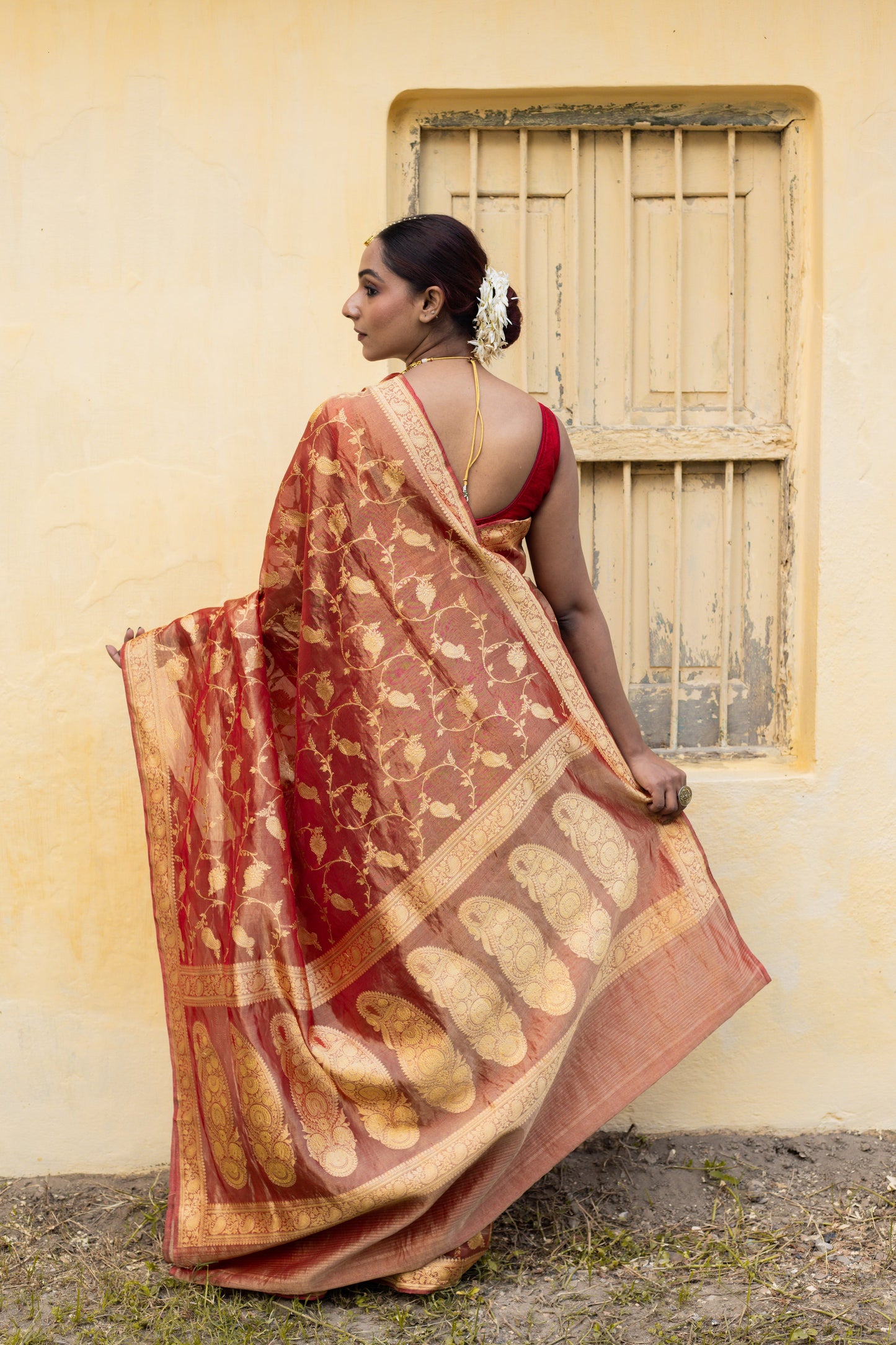 Maroon Saree Tissue Jangla Handwoven - Panaya