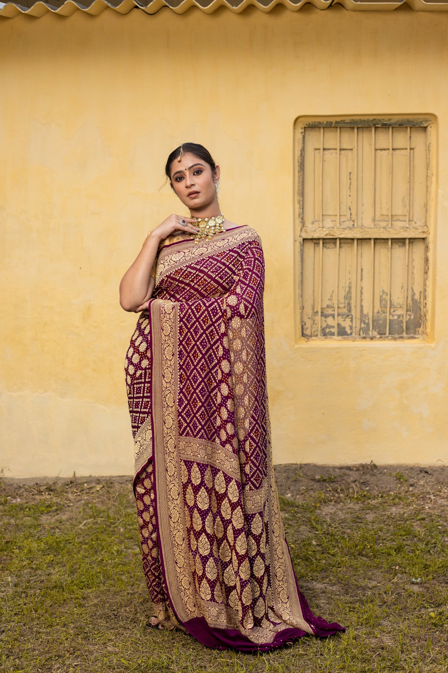 Brown Saree Georgette Silk Bandhani - Panaya