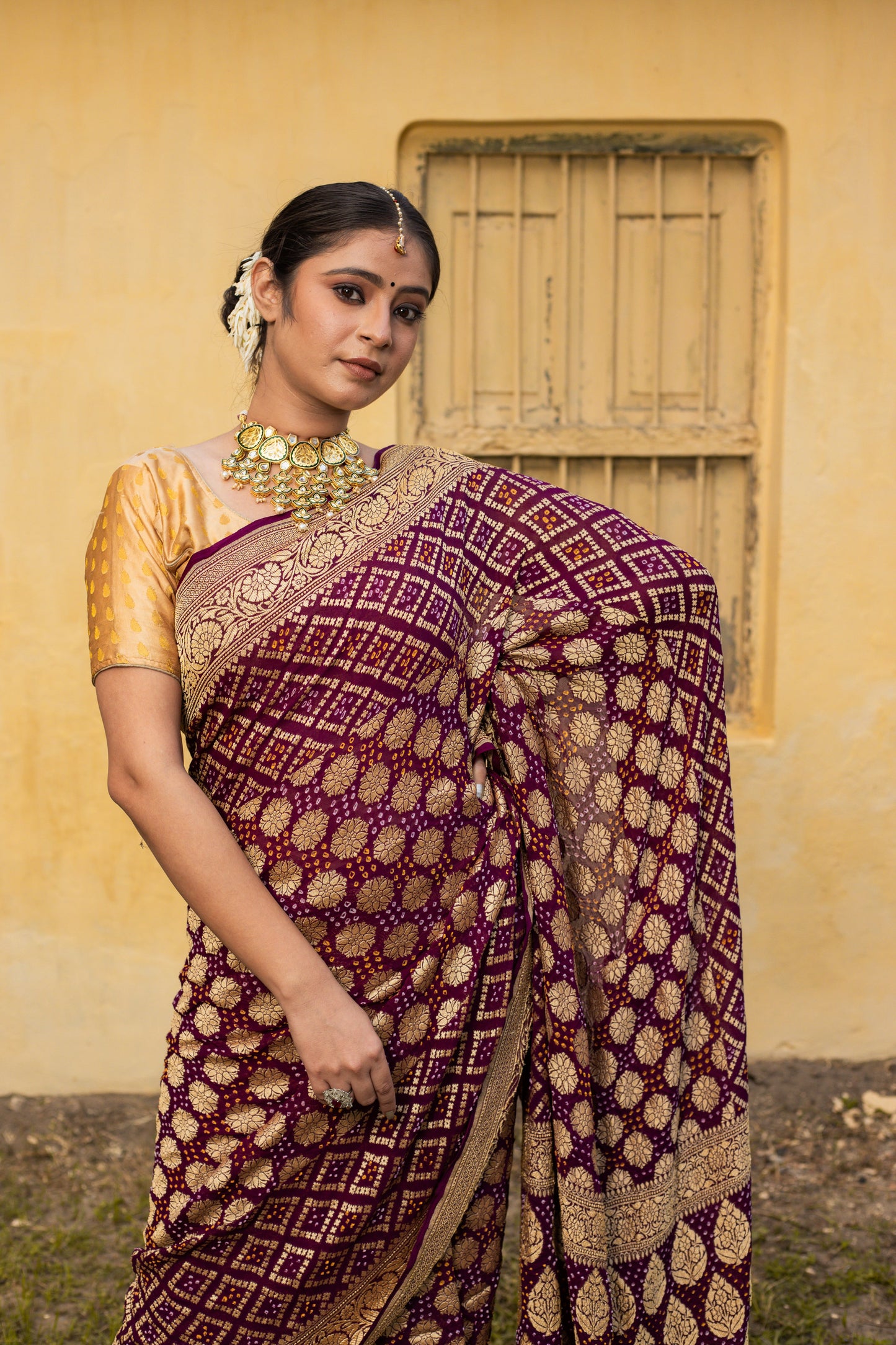 Brown Saree Georgette Silk Bandhani - Panaya