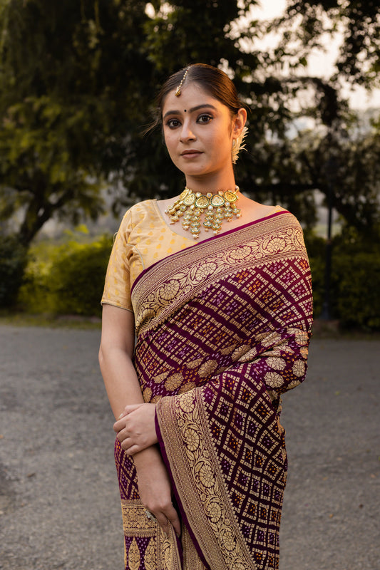 Brown Saree Georgette Silk Bandhani - Panaya