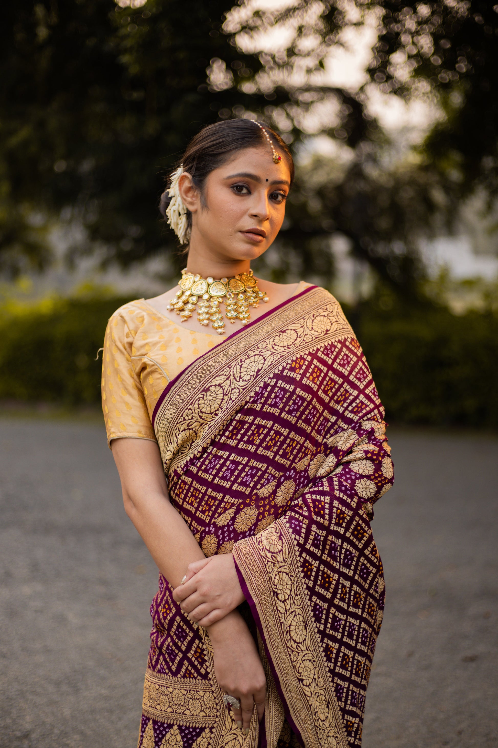 Brown Saree Georgette Silk Bandhani - Panaya