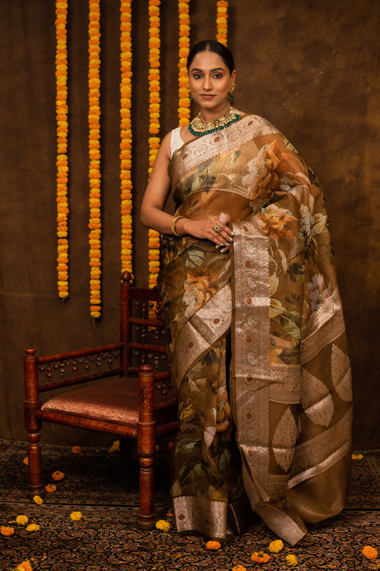 Brown Saree Kora Silk - Panaya