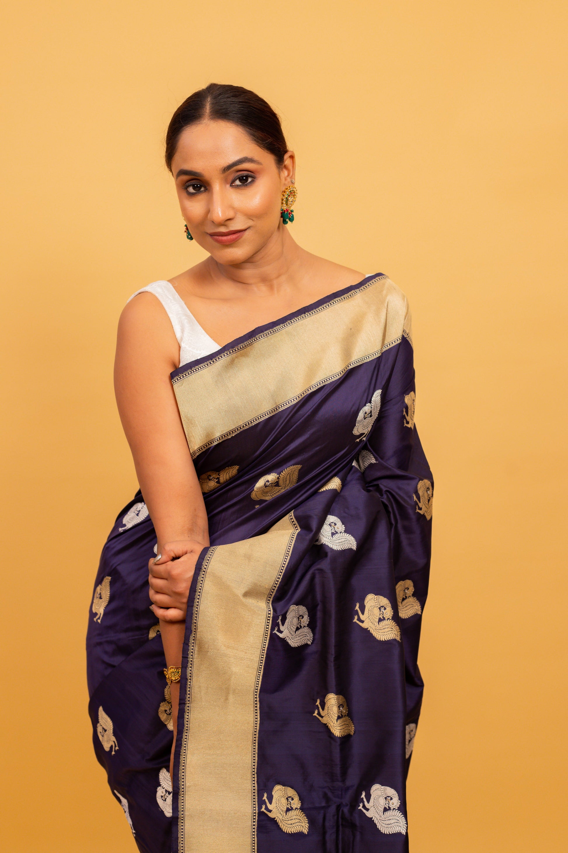 Navy Blue Saree Katan Silk Handwoven - Panaya