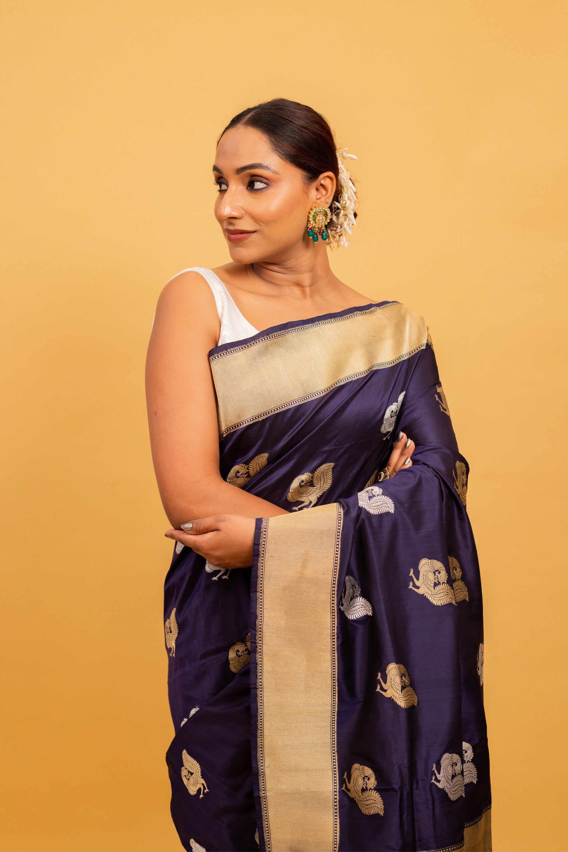 Navy Blue Saree Katan Silk Handwoven - Panaya