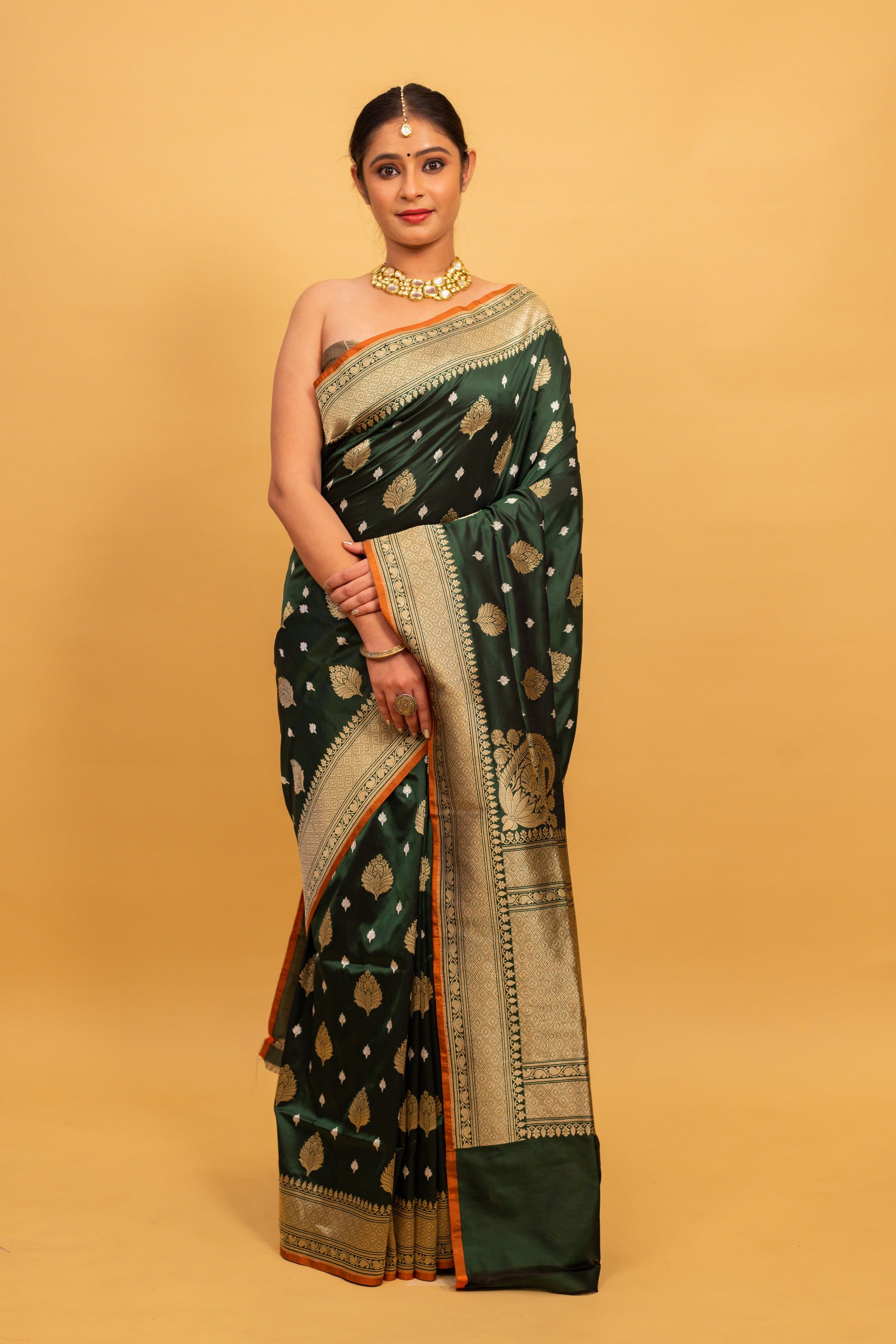 Bottle Green Saree Katan Silk Handwoven - Panaya