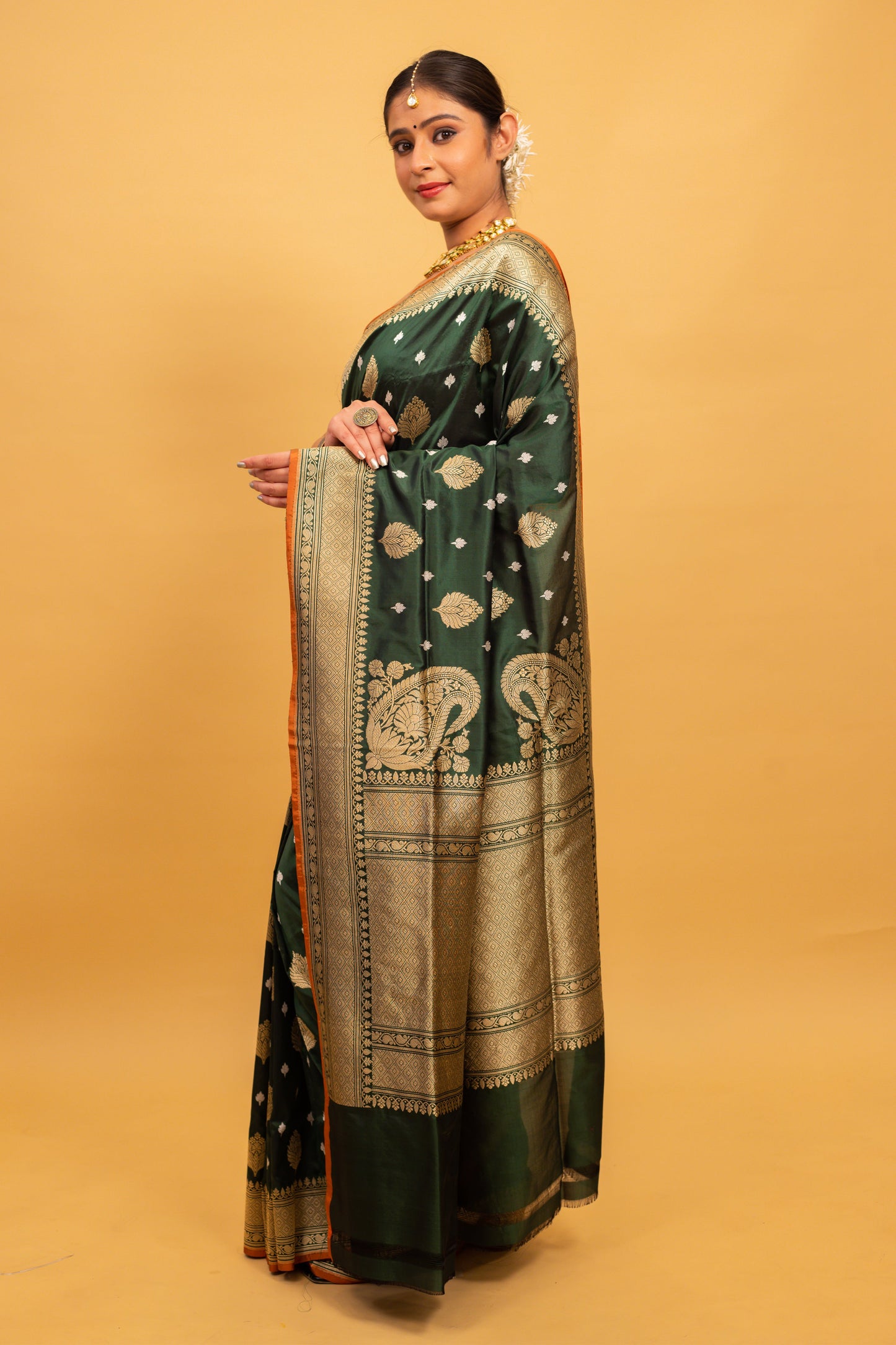 Bottle Green Saree Katan Silk Handwoven - Panaya