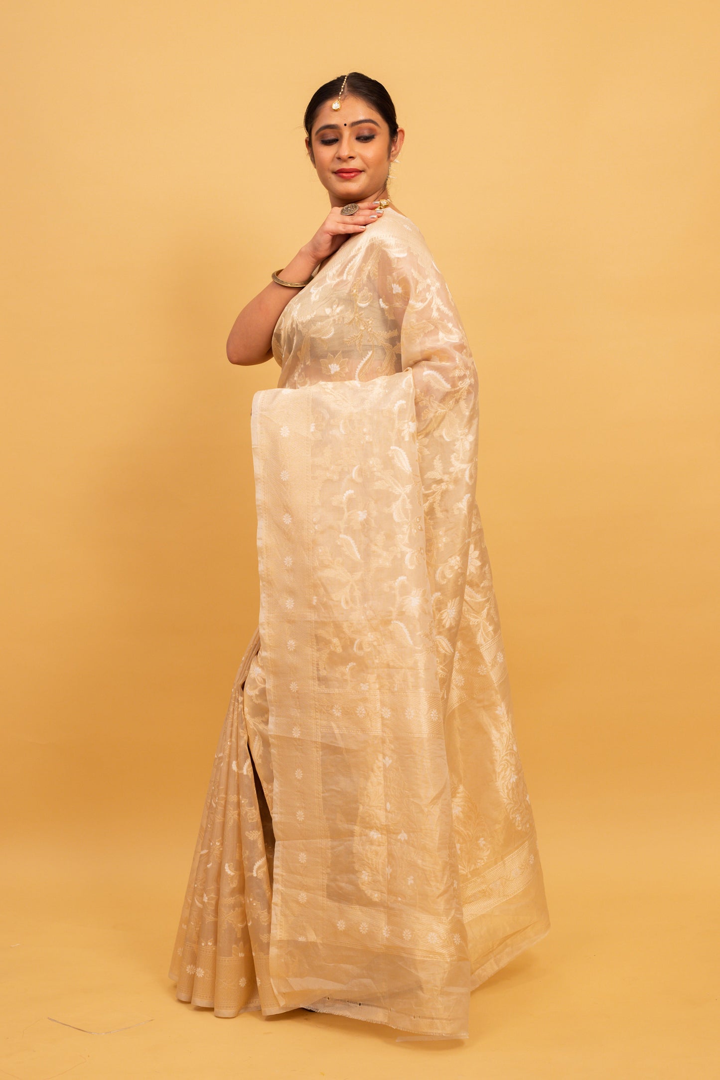 Cream Saree Tissue Jangla Handwoven - Panaya