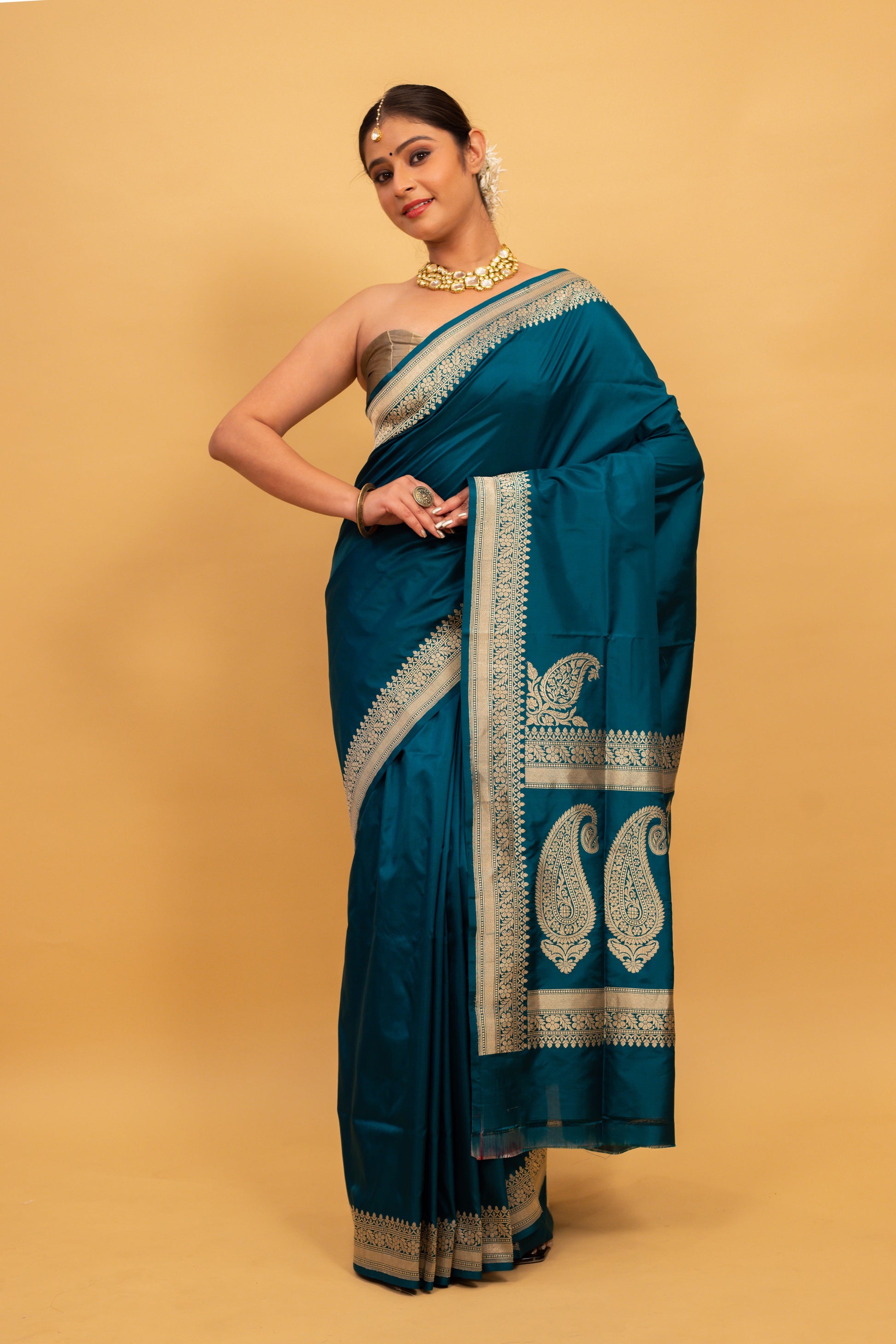 Teal Saree Katan Silk Handwoven - Panaya