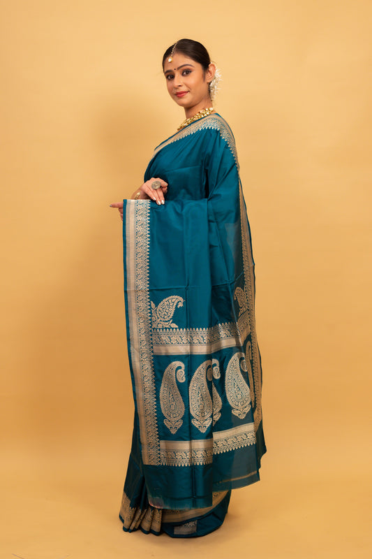 Teal Saree Katan Silk Handwoven - Panaya