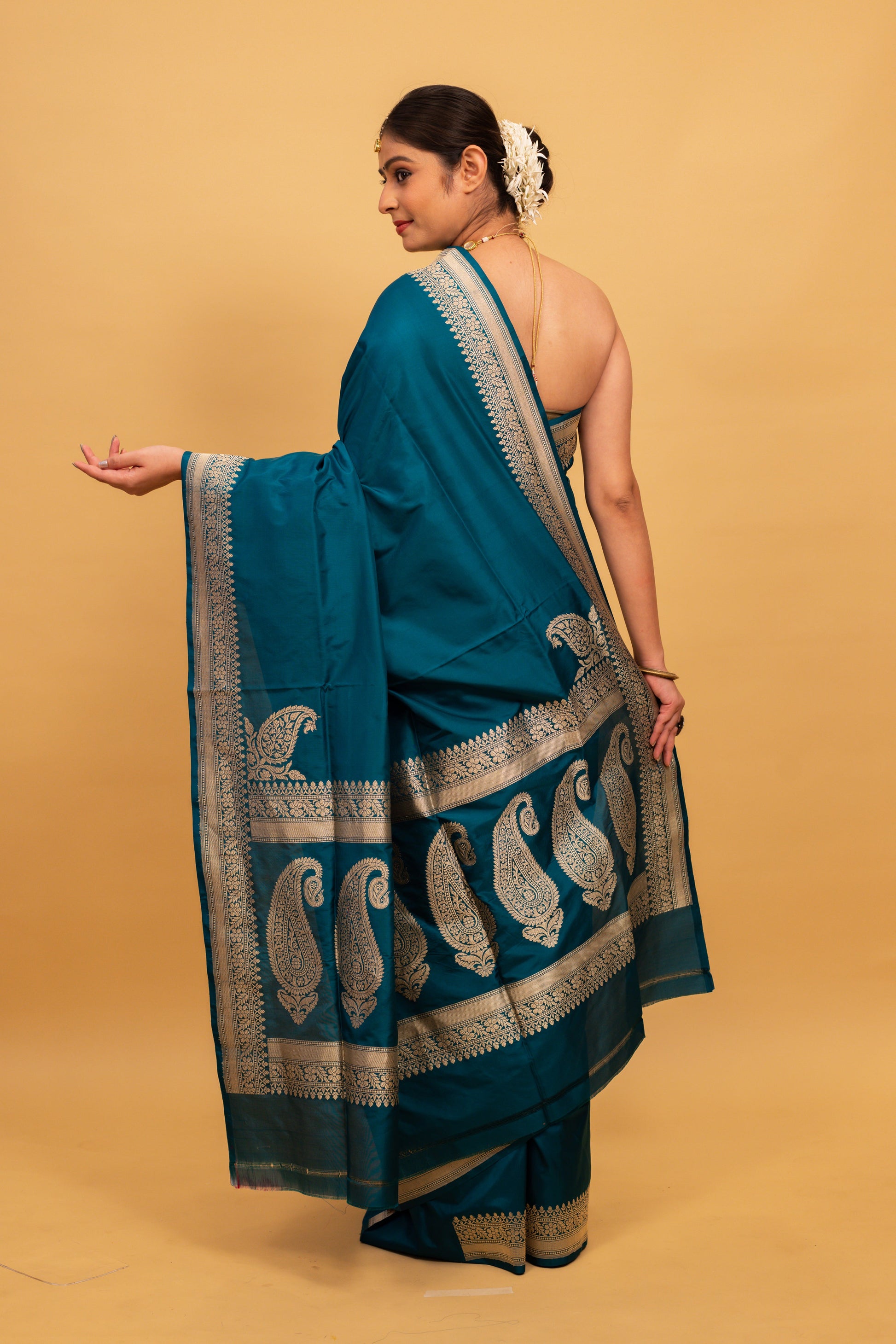 Teal Saree Katan Silk Handwoven - Panaya